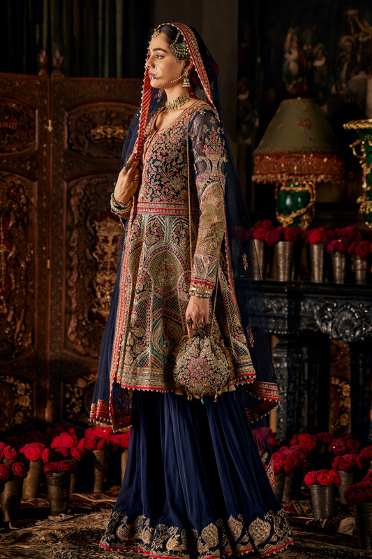 Blue Tulle Kalidar Kurta with Sharara