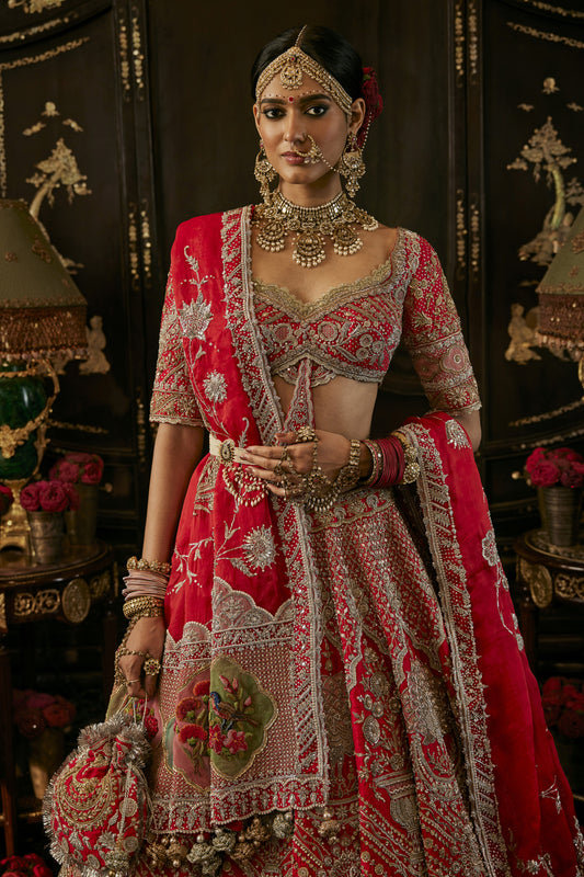 Lush Red Floral Bouquets Lehenga