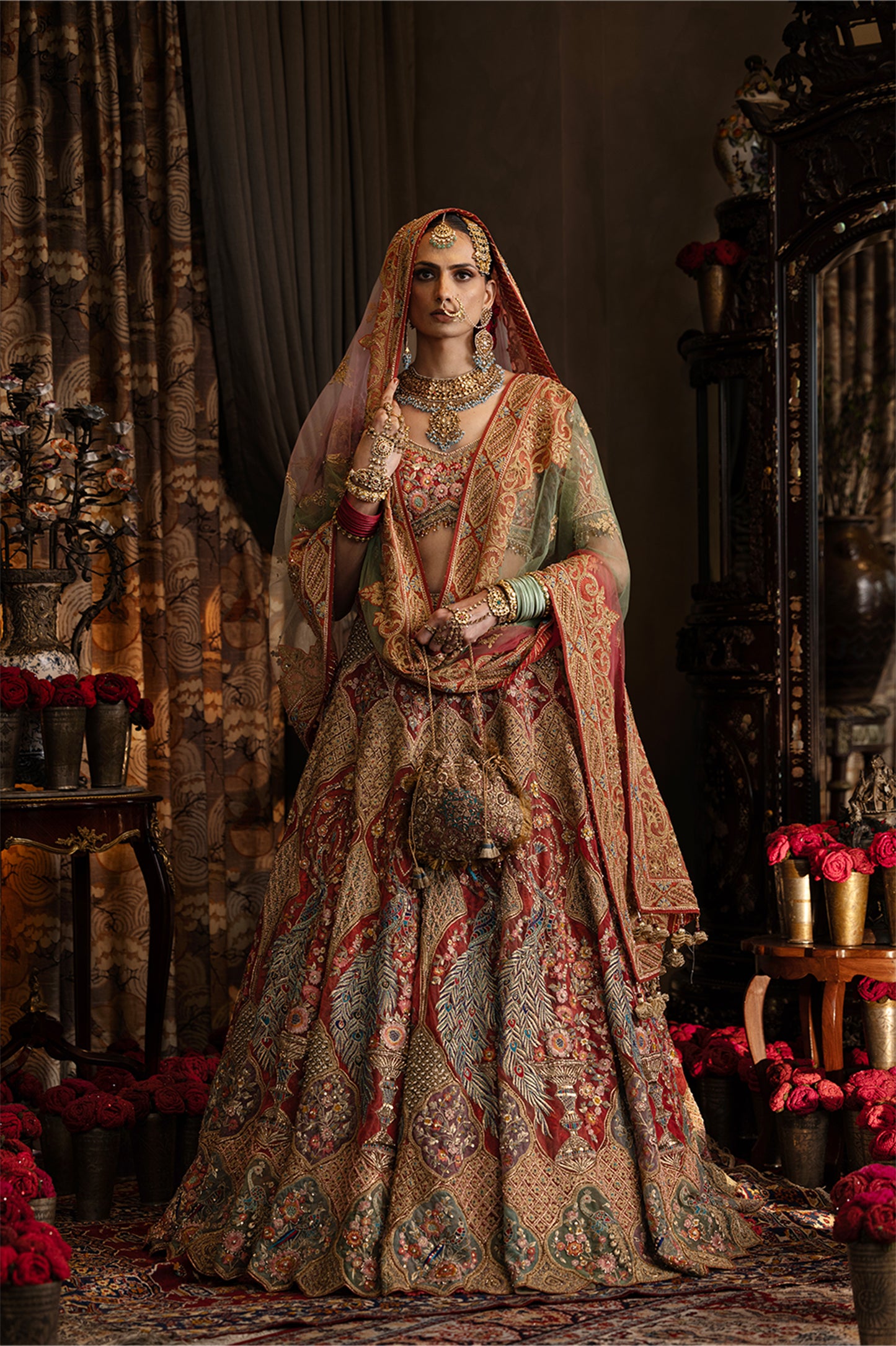 Red Tulle Peacock Lehenga