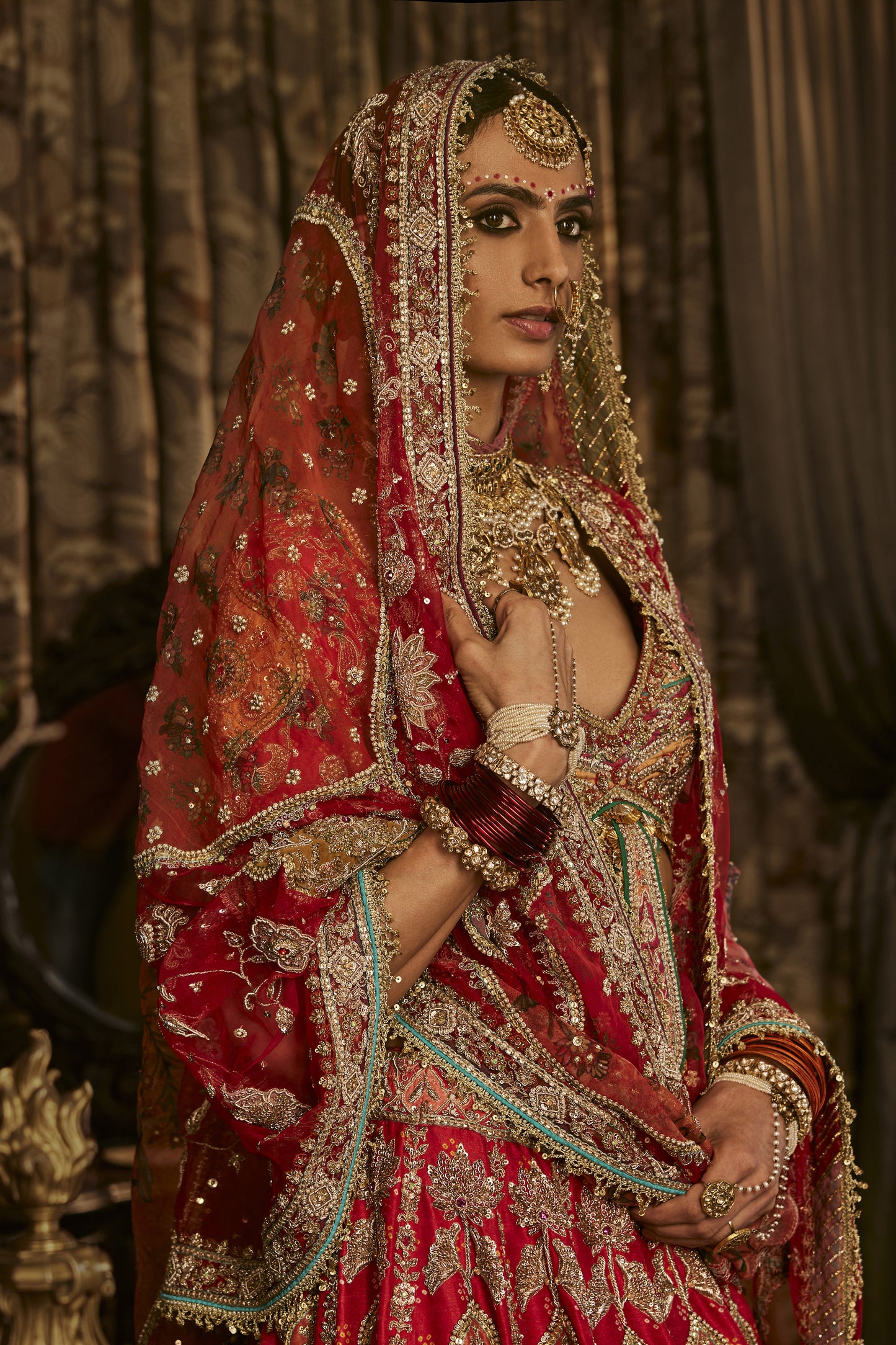 Red Mughal Art Lehenga