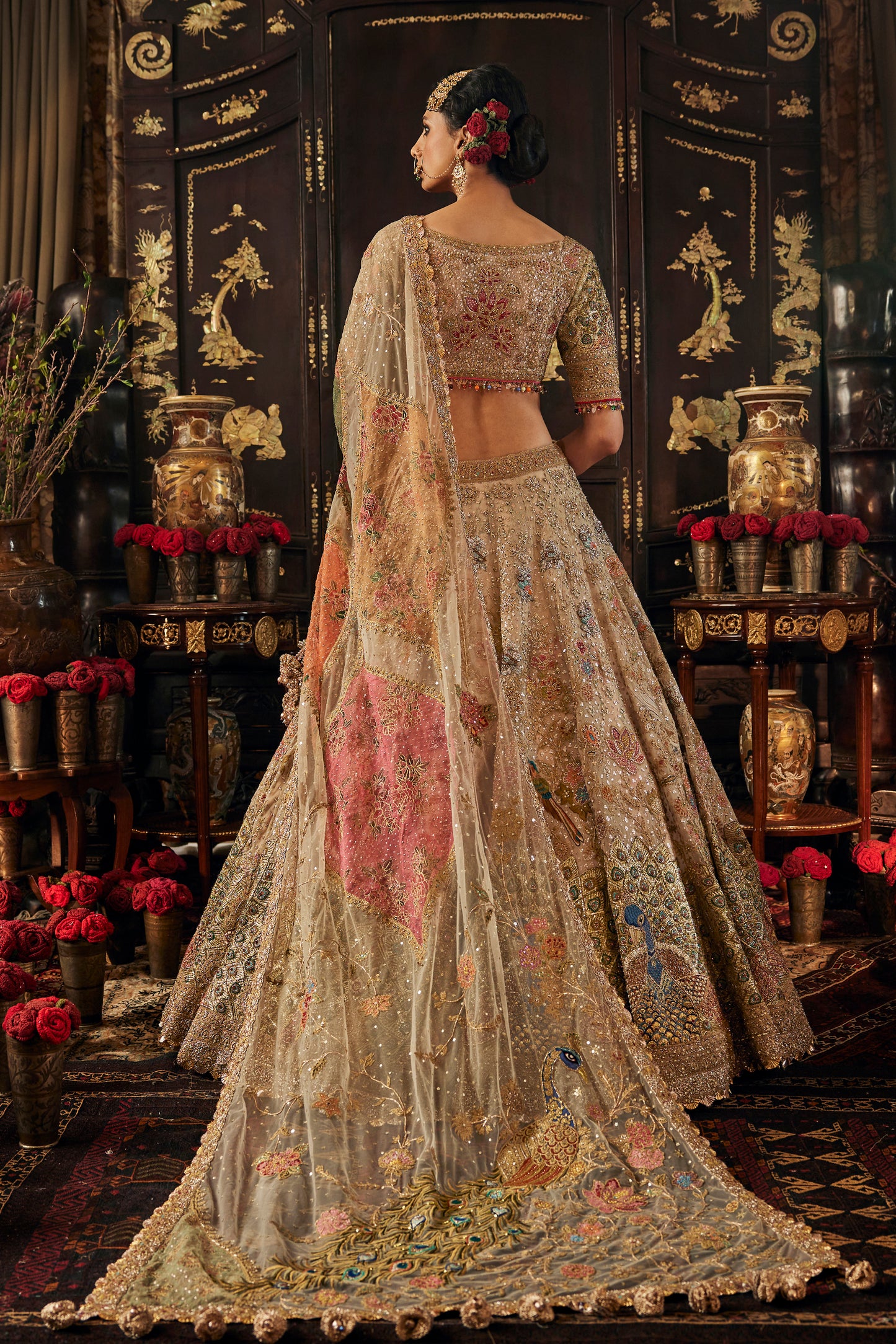 Ivory Peacock Tulle Lehenga