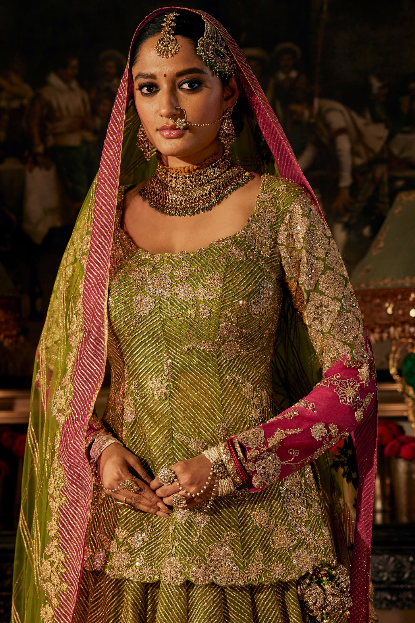 Vivid Green and Rani Pink Kurti Lehenga