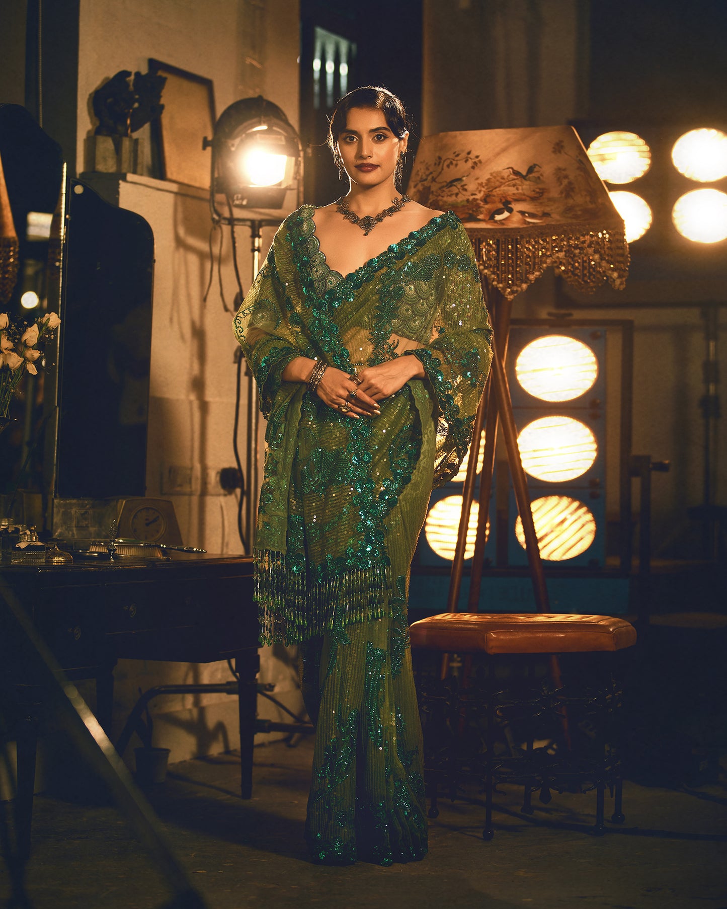 Vivid Emerald Hued Tulle Saree