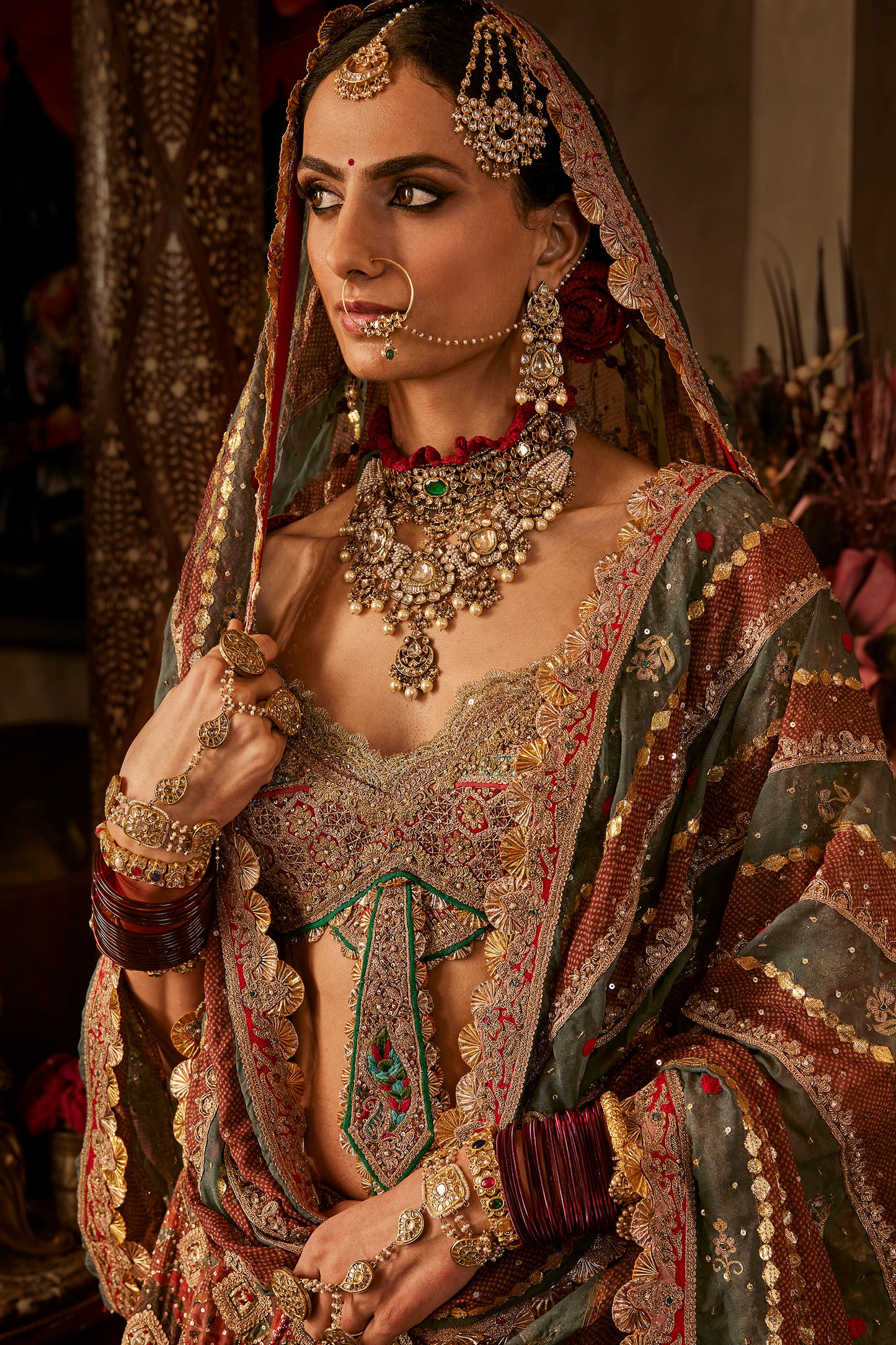 Earthy Brown & Teal Lehenga