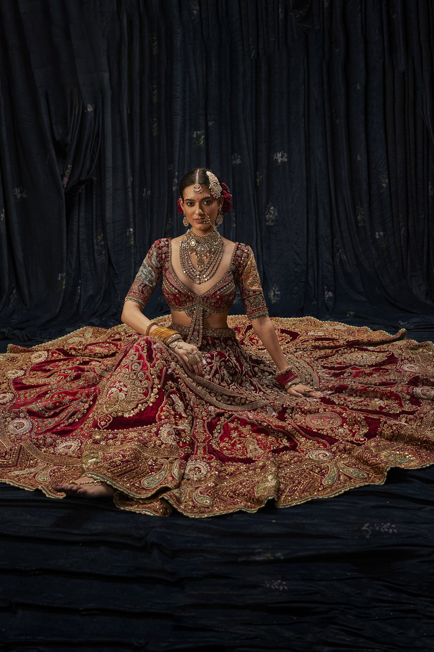 Deep Maroon Velvet Lehenga