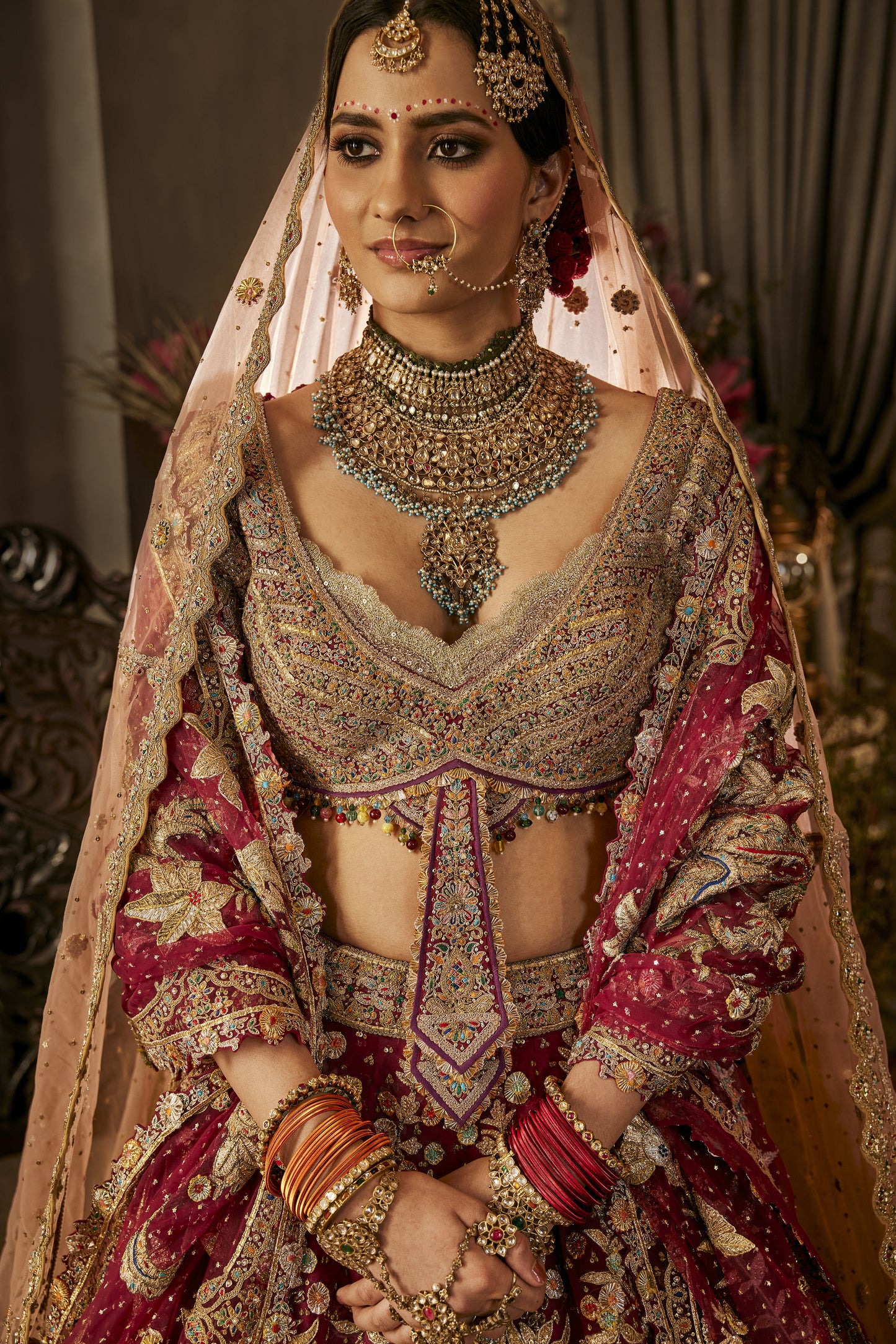 Deep Ruby Flower-Patterned Lehenga