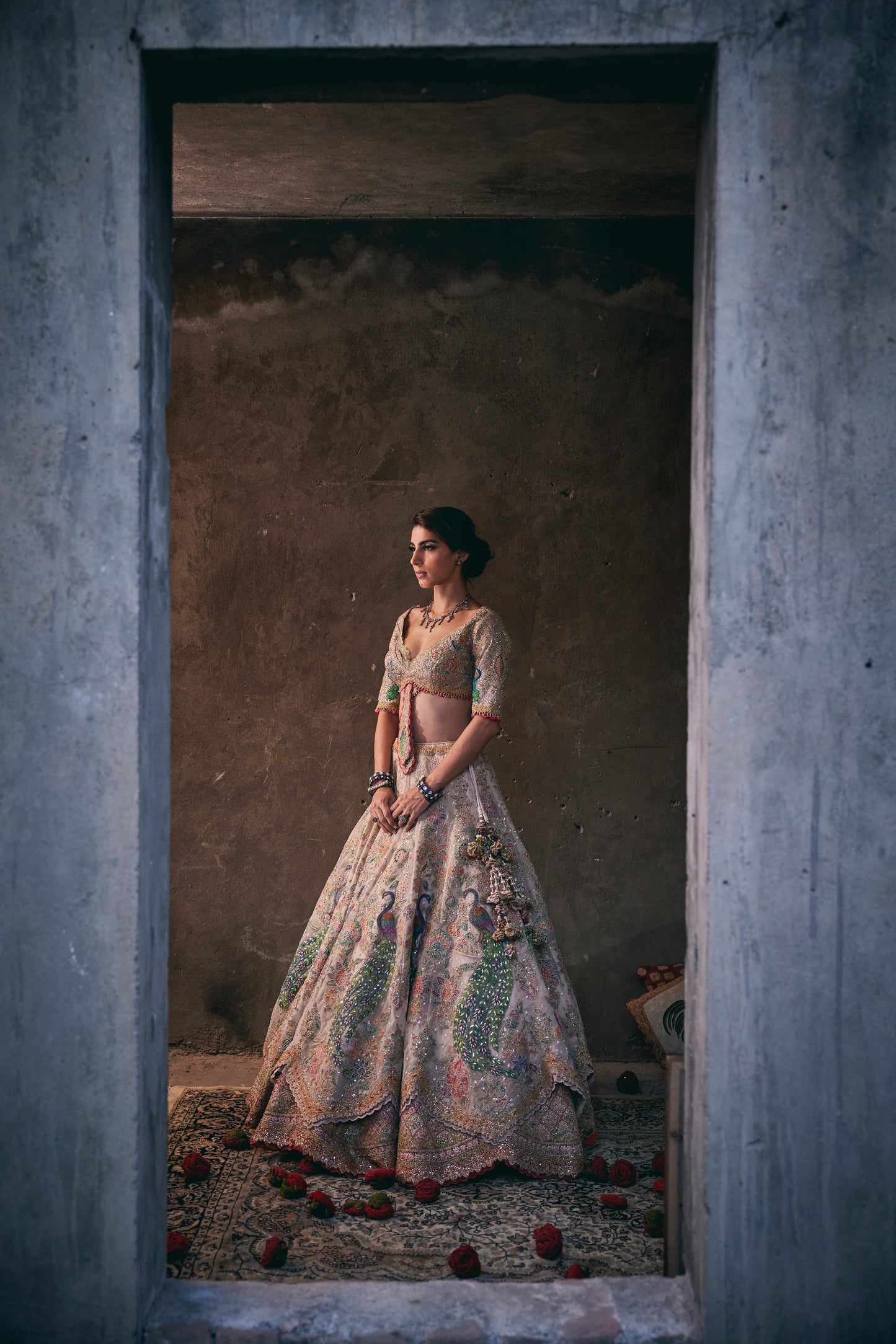 A Double Layered Ivory Tulle Lehenga