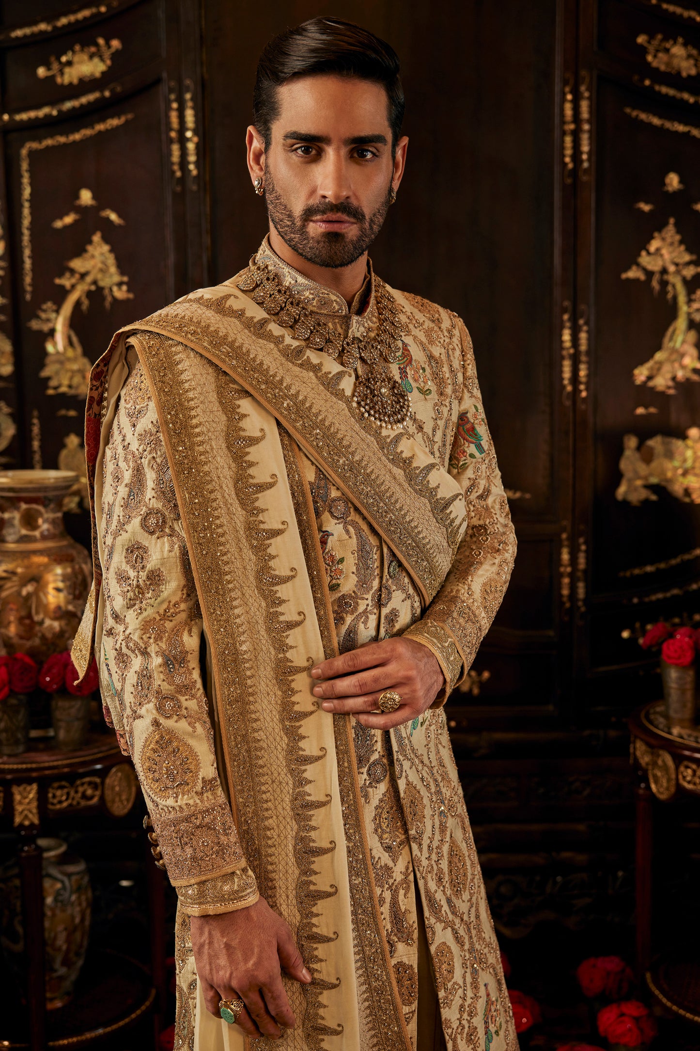 Ivory Foliage Silk Sherwani