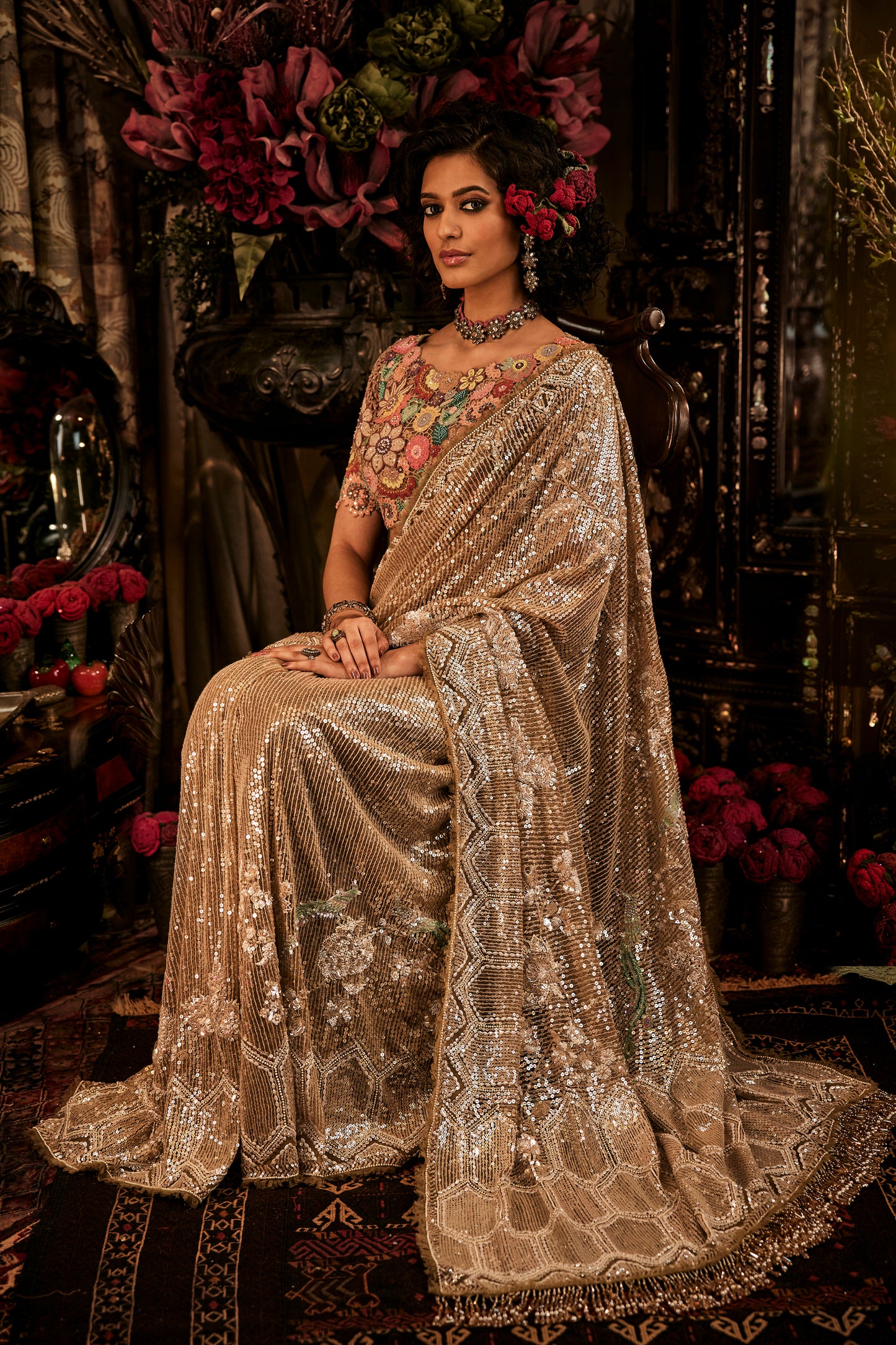 Champagne Hued Sequinned Saree