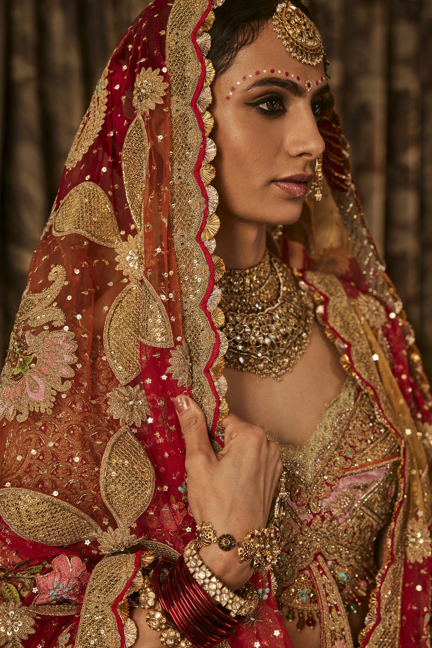 Deep Red Prachin-Kari Tulle Lehenga