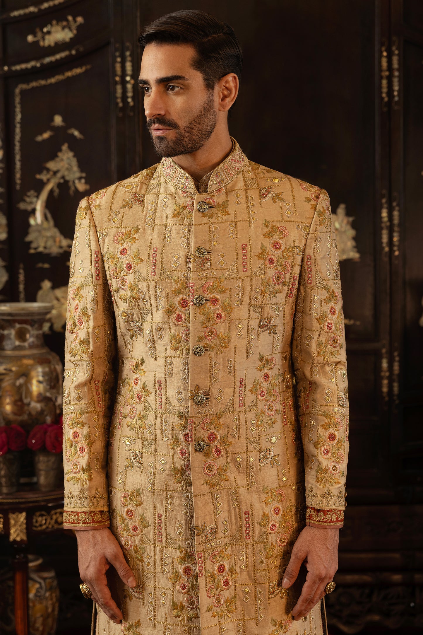 Beige Gold Artwork Sherwani