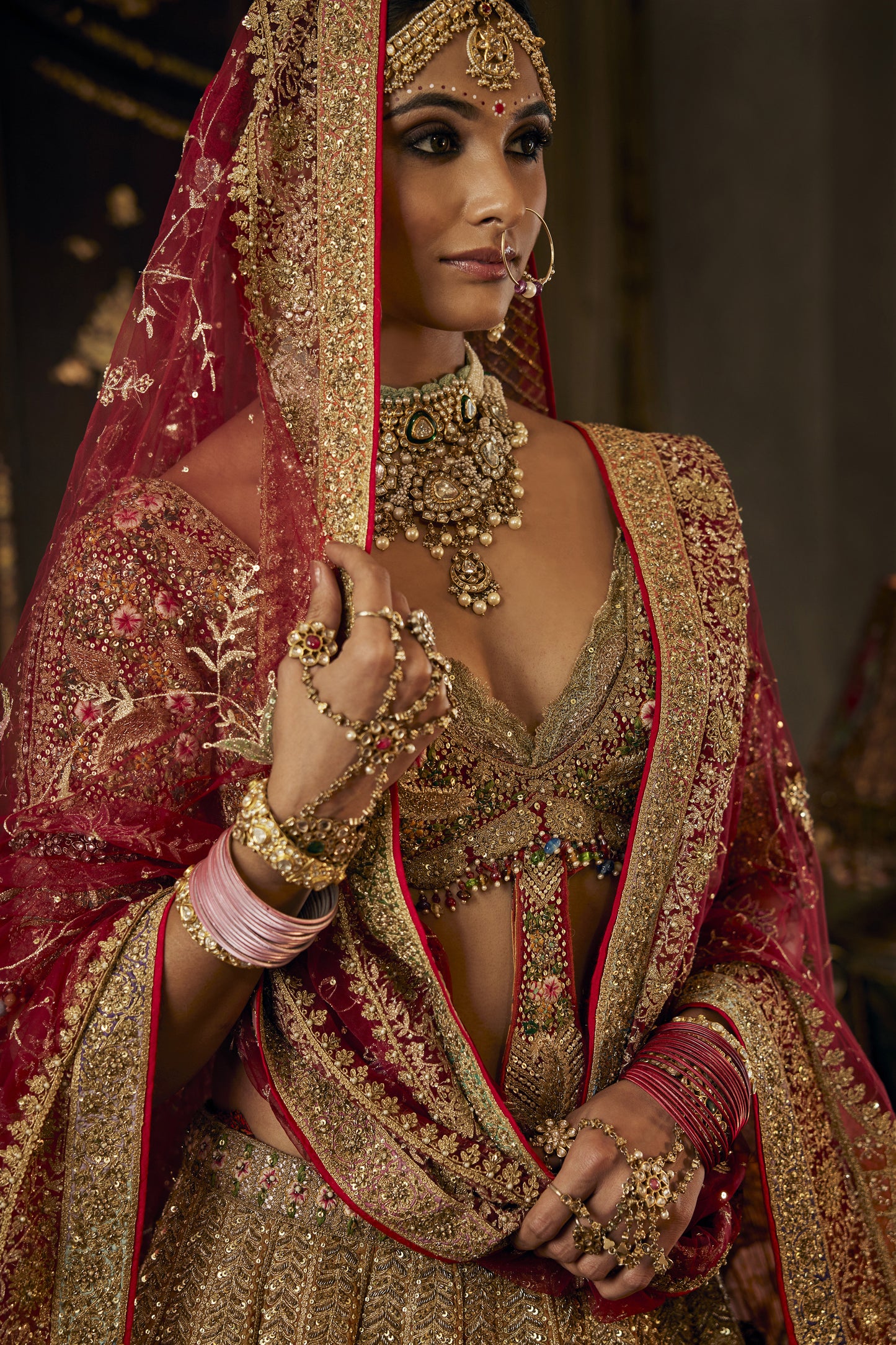 Deep Ruby Posy tulle Lehenga