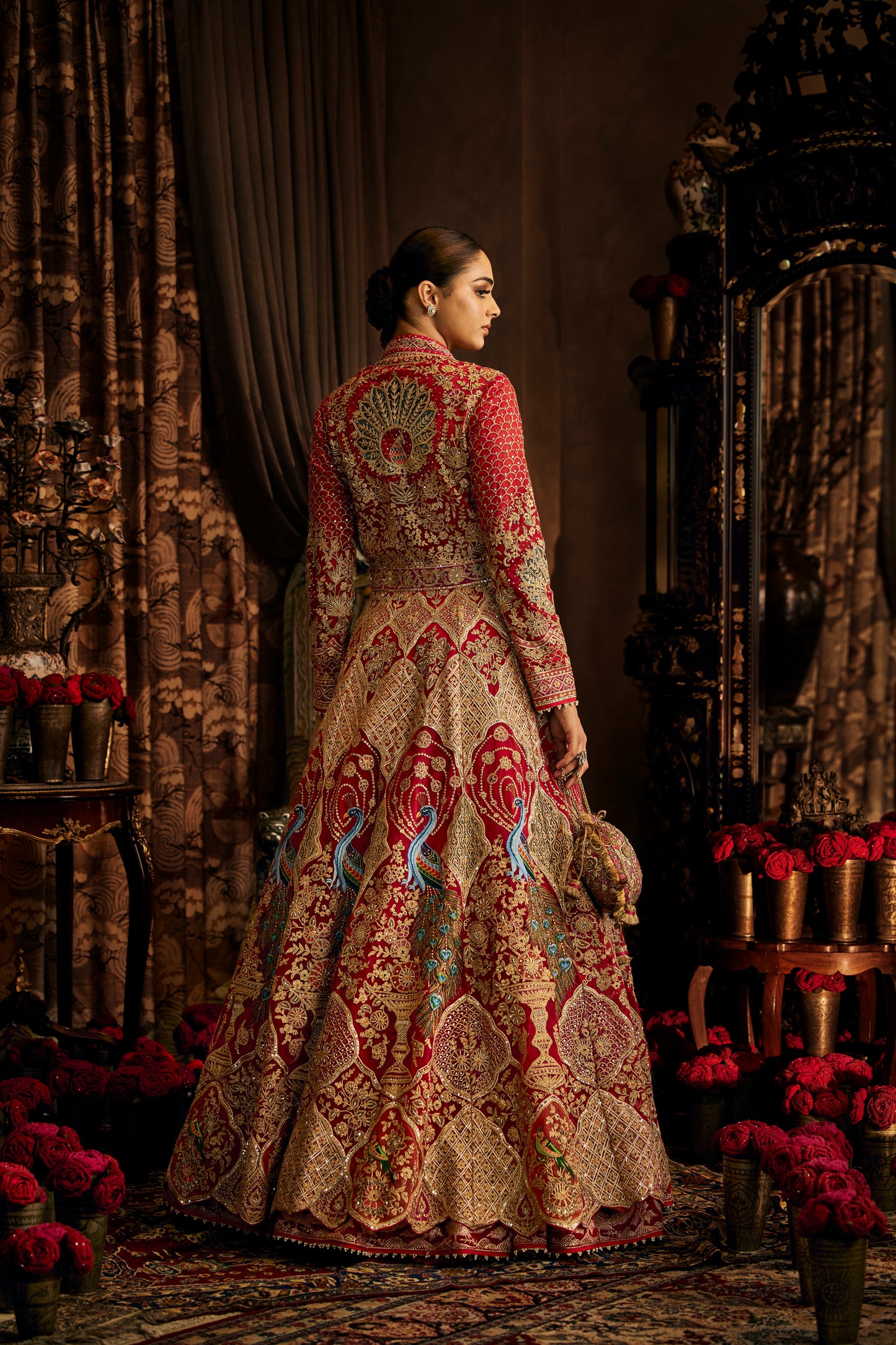 Red Tulle Kalidar Jacket Lehenga