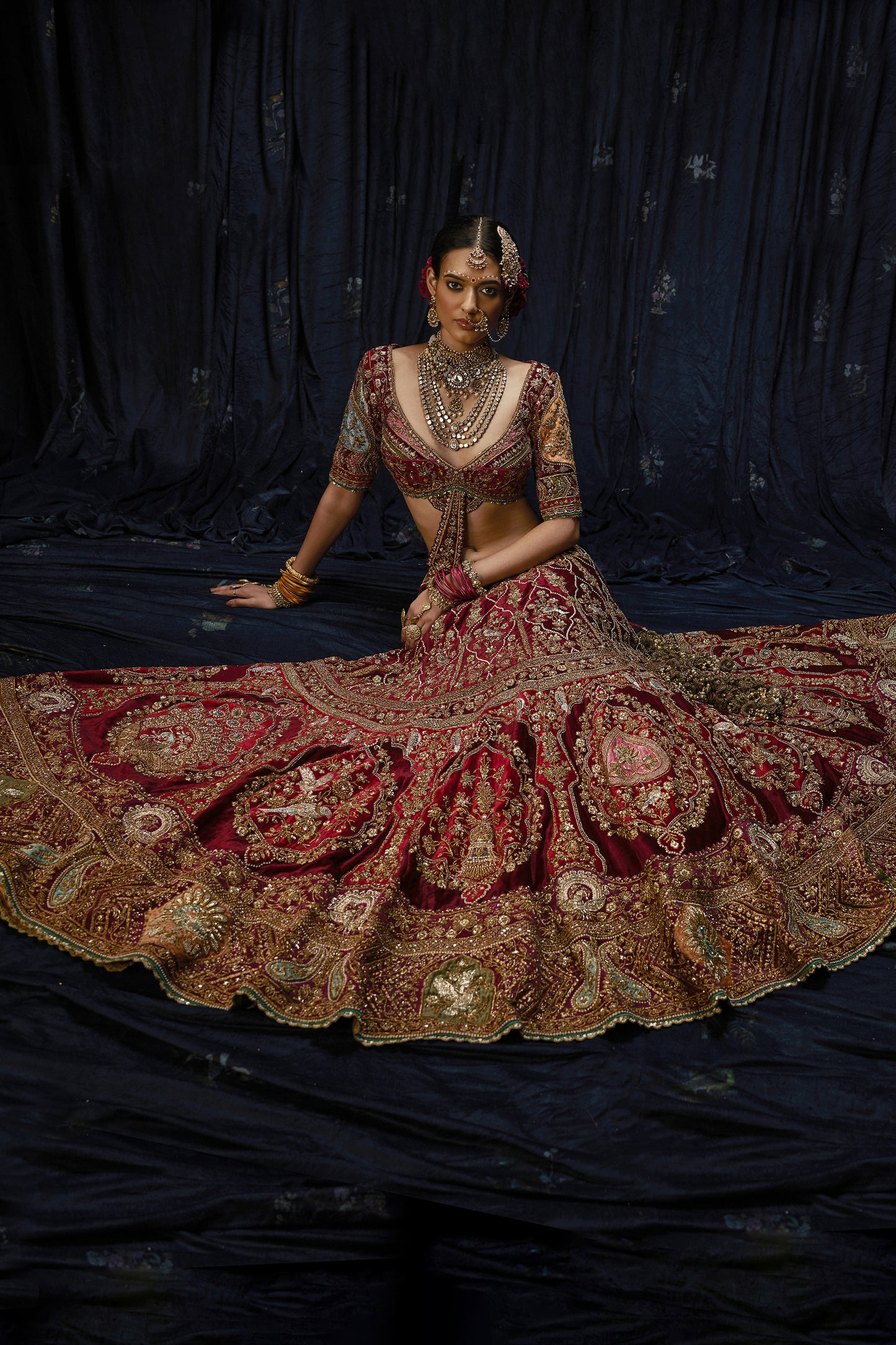 Deep Maroon Velvet Lehenga