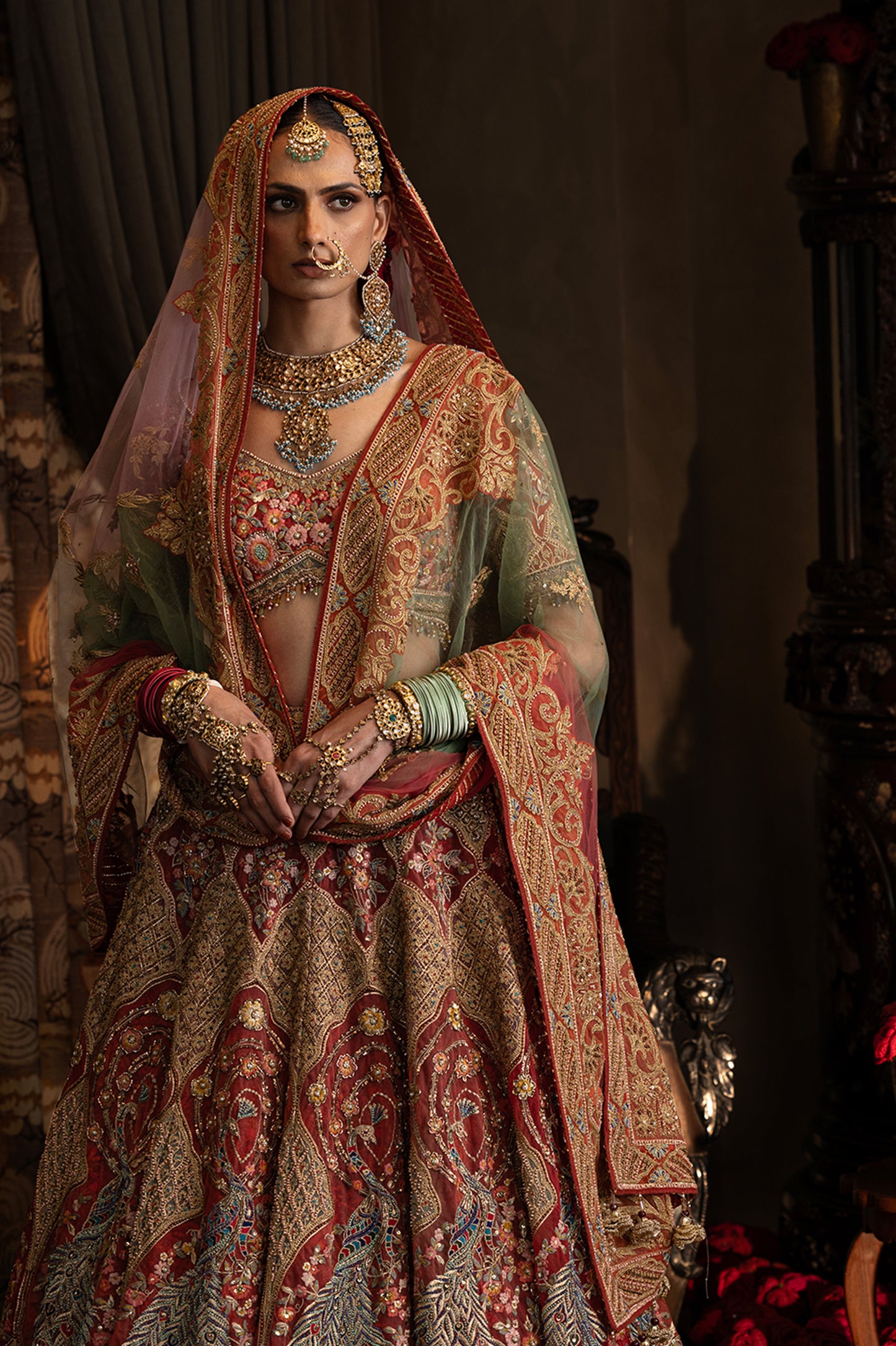 Red Tulle Peacock Lehenga