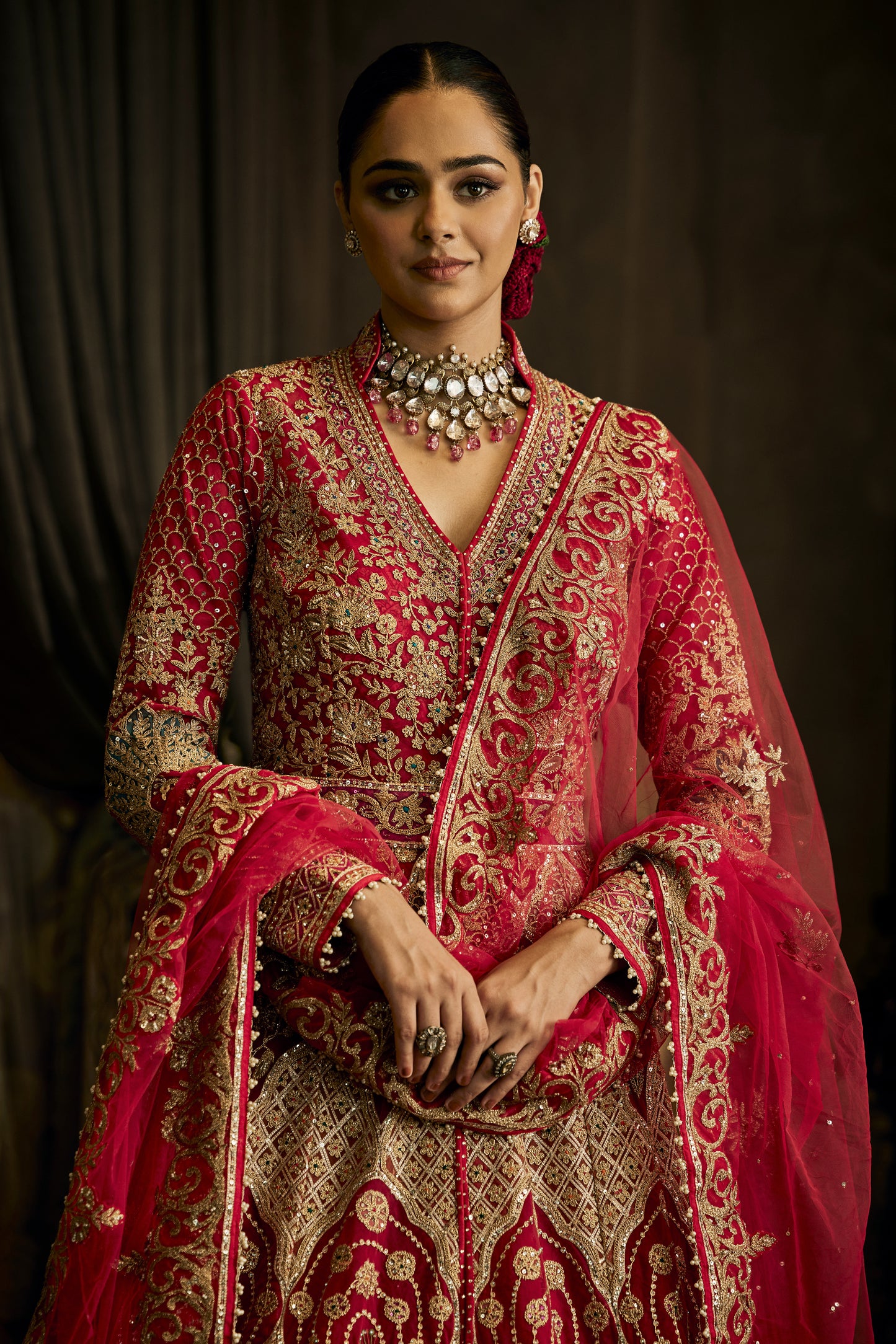 Red Tulle Kalidar Jacket Lehenga