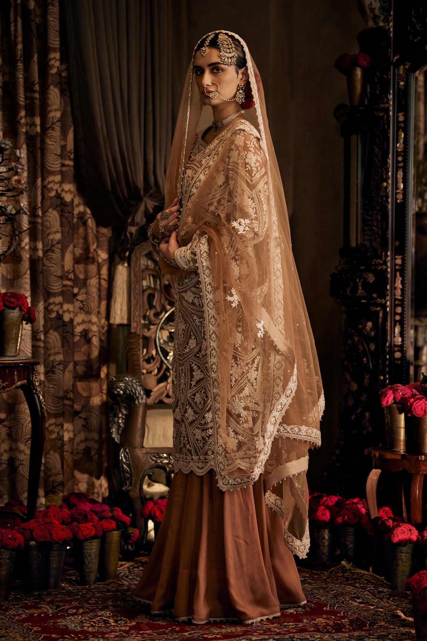 Beige Tulle Kurta and Skirt