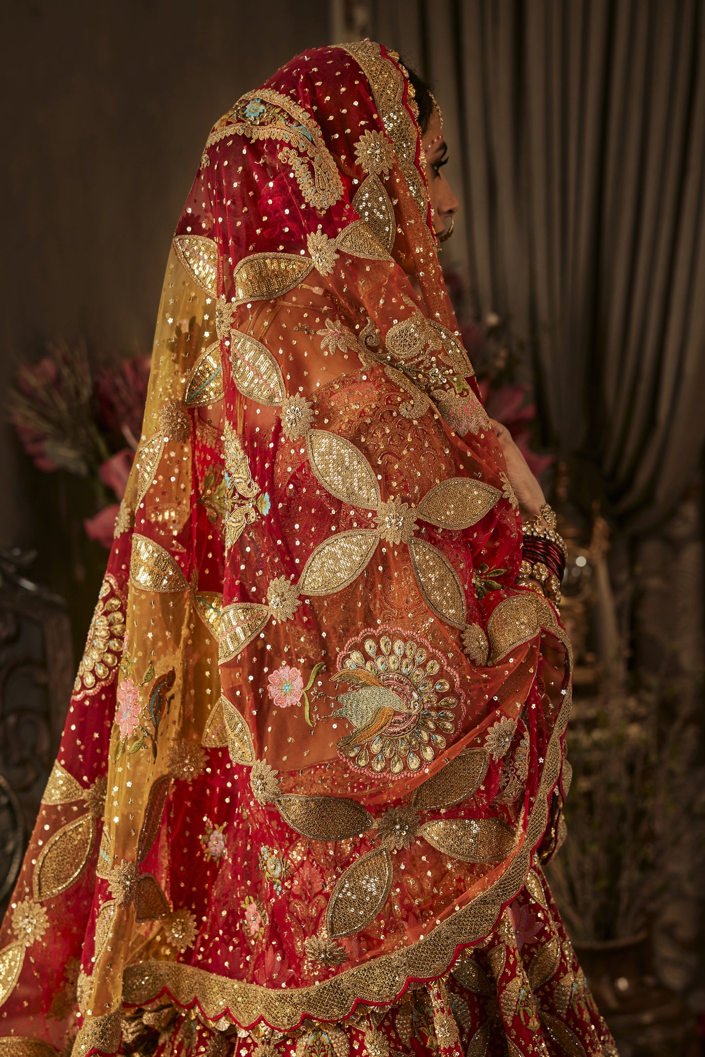 Deep Red Prachin-Kari Tulle Lehenga