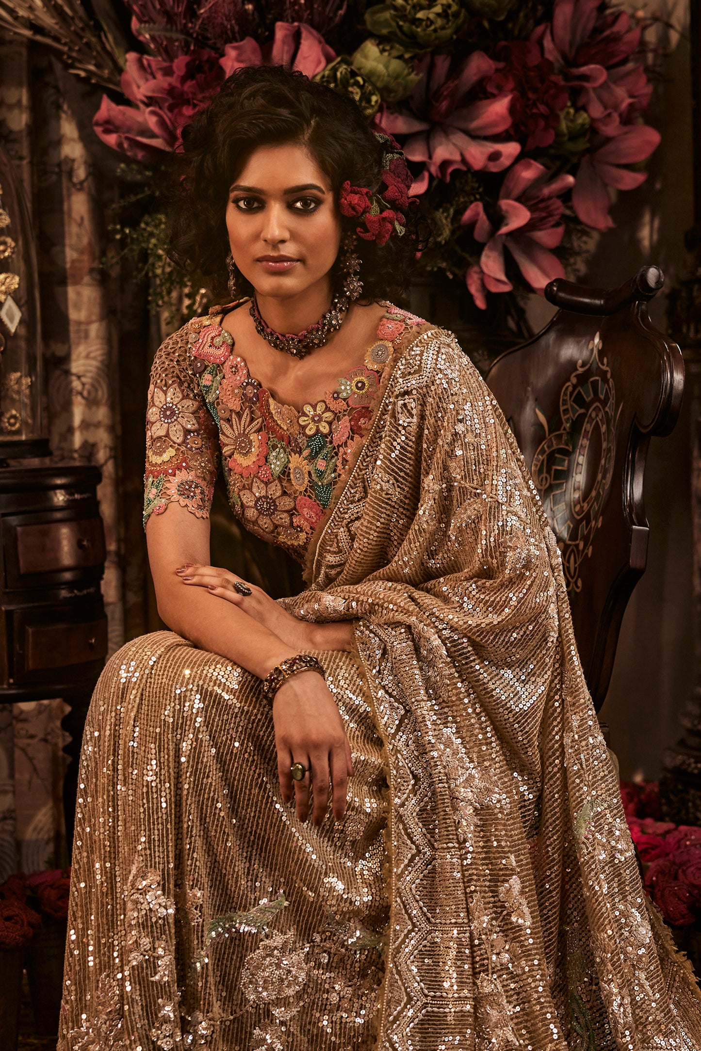 Champagne Hued Sequinned Saree