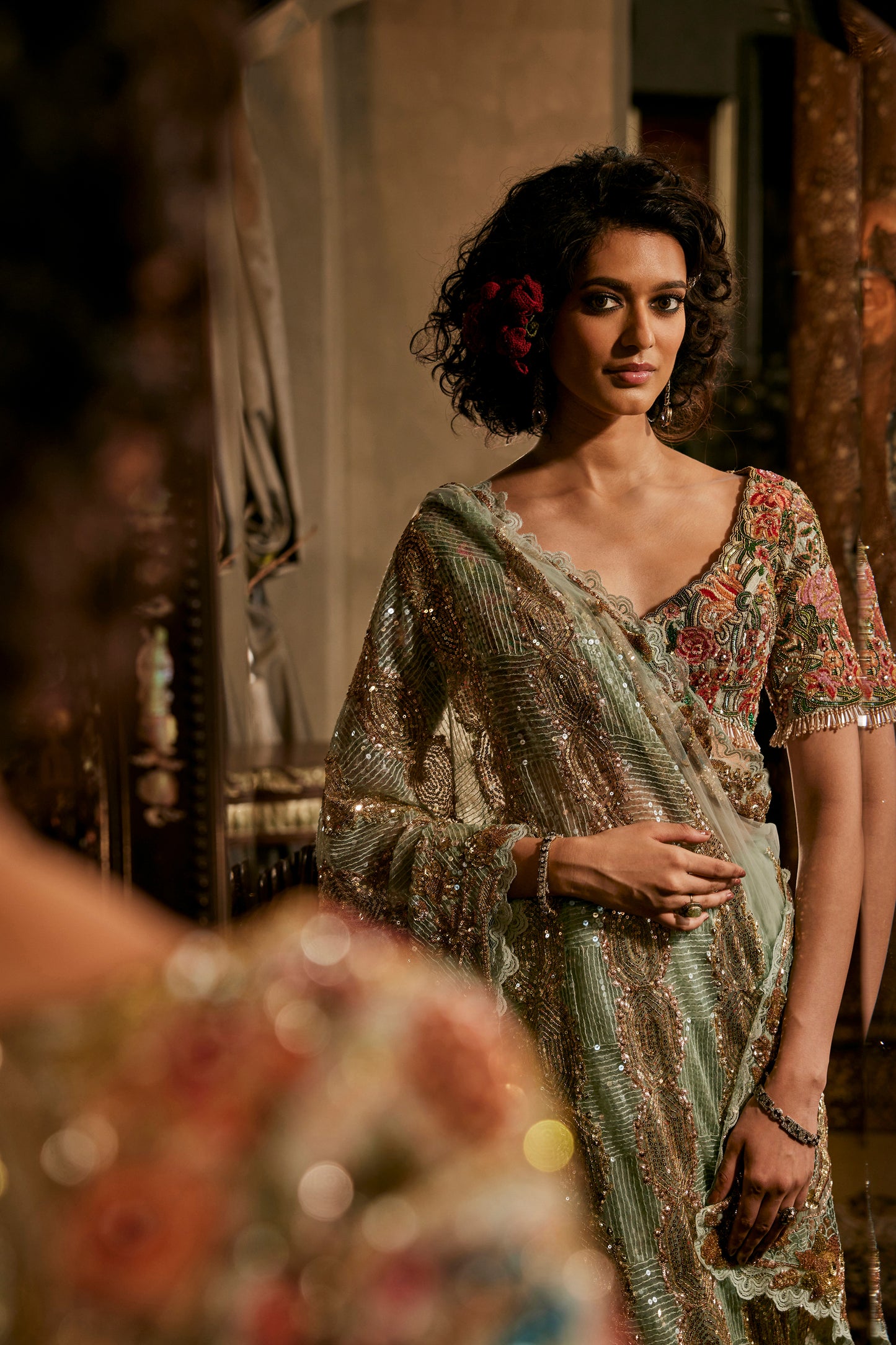 Pale Frosted Blue Tulle Saree