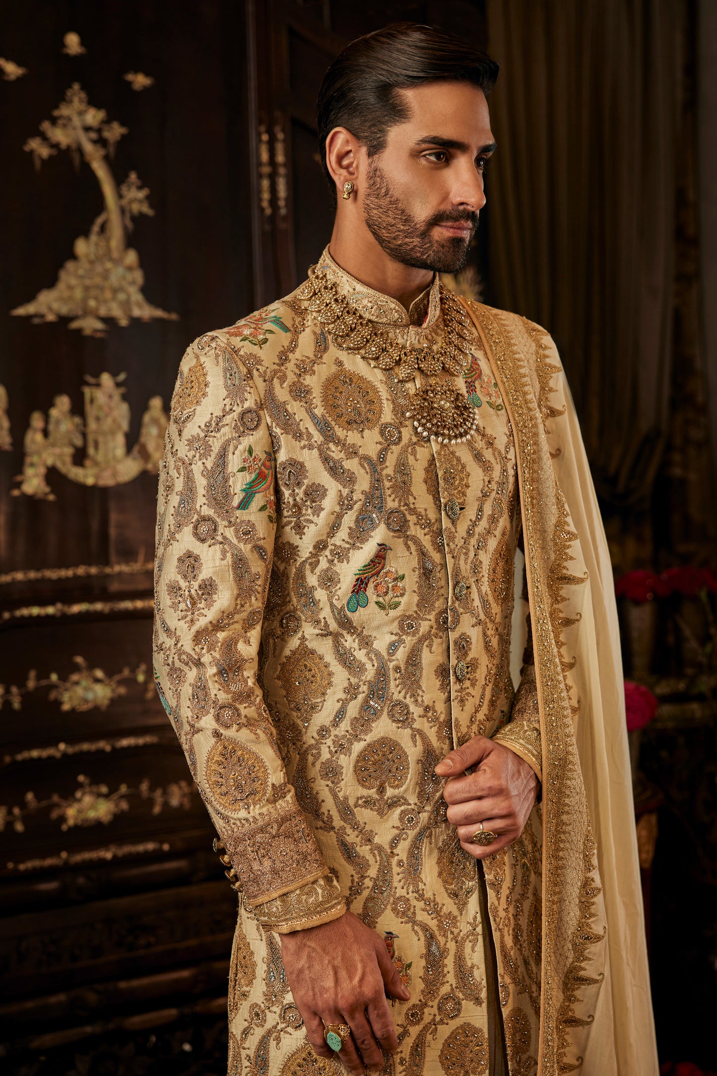 Ivory Foliage Silk Sherwani