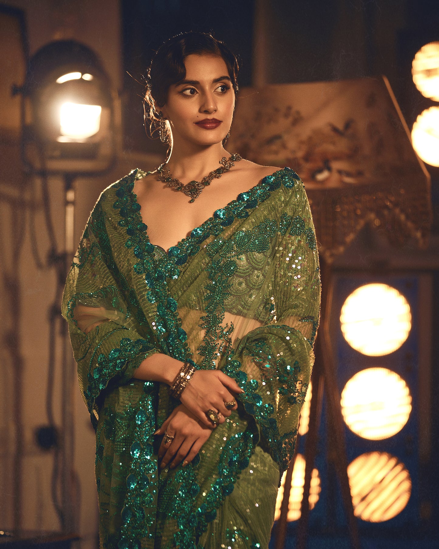 Vivid Emerald Hued Tulle Saree