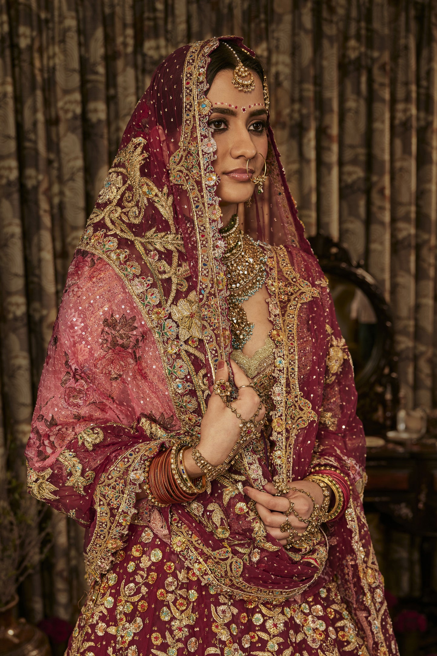 Deep Ruby Flower-Patterned Lehenga