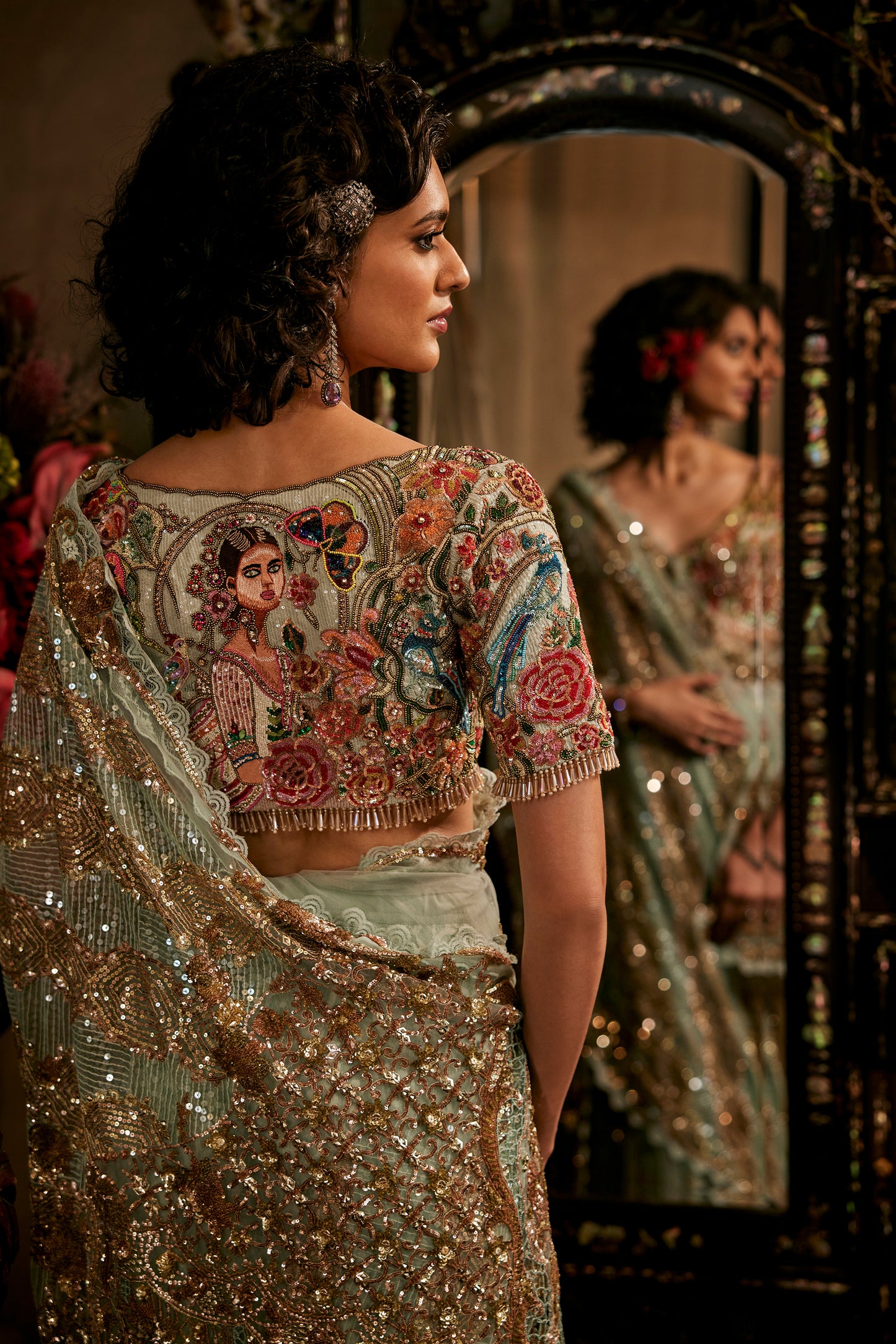 Pale Frosted Blue Tulle Saree