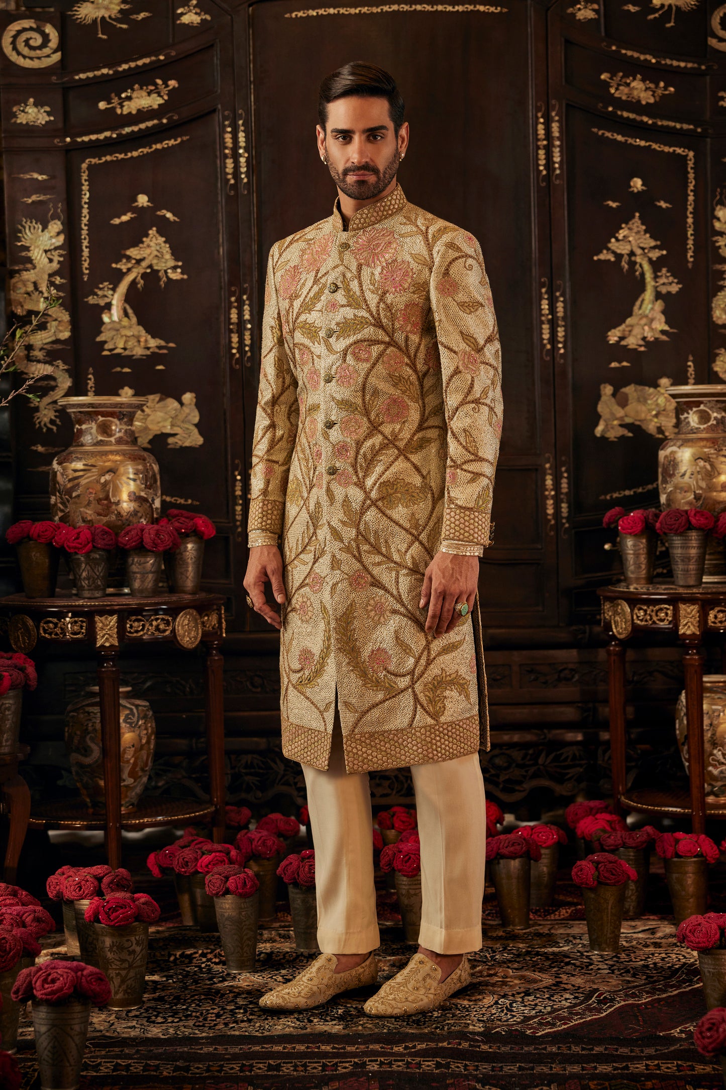 Ivory Foliage Silk Sherwani