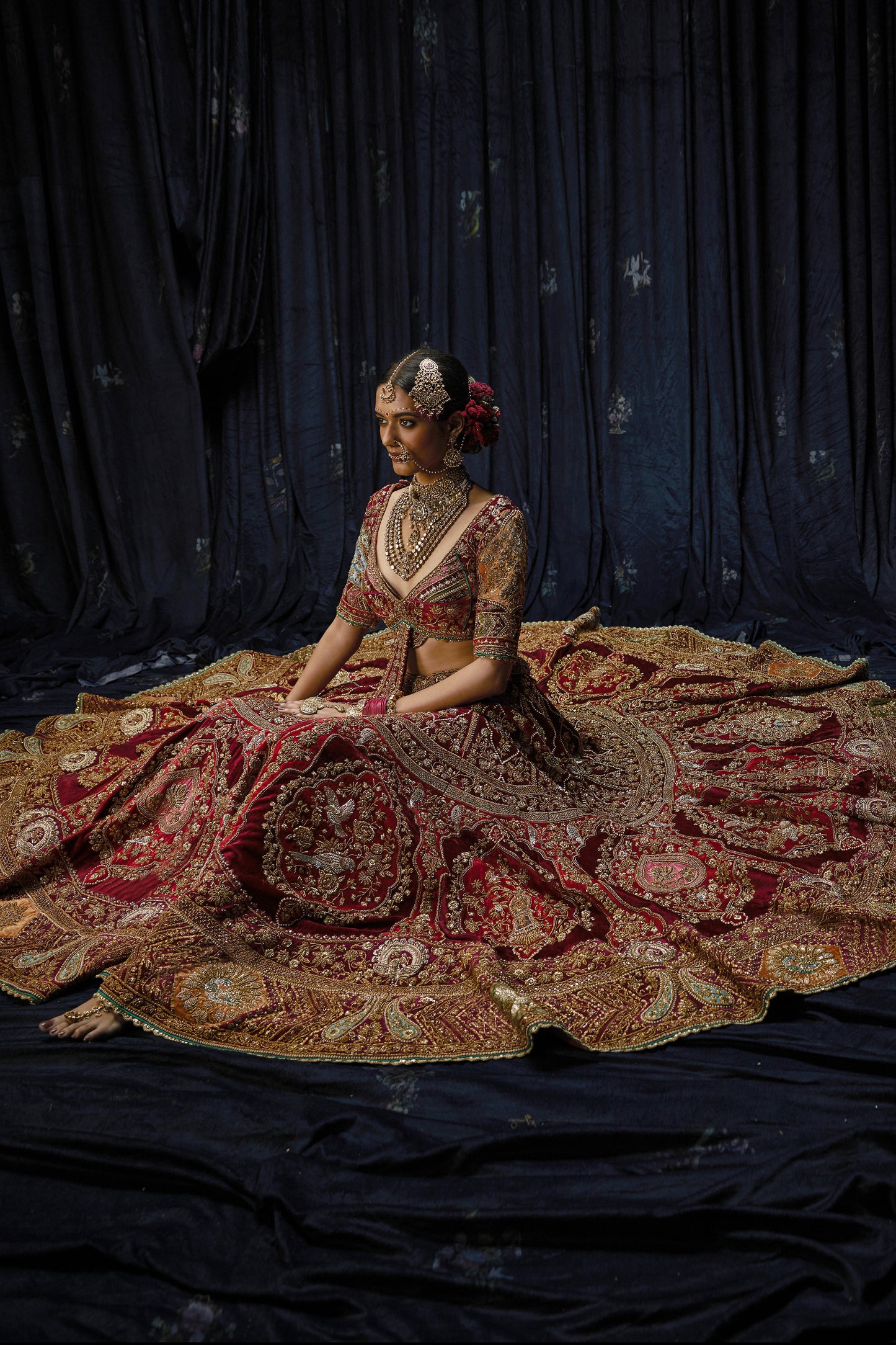 Deep Maroon Velvet Lehenga