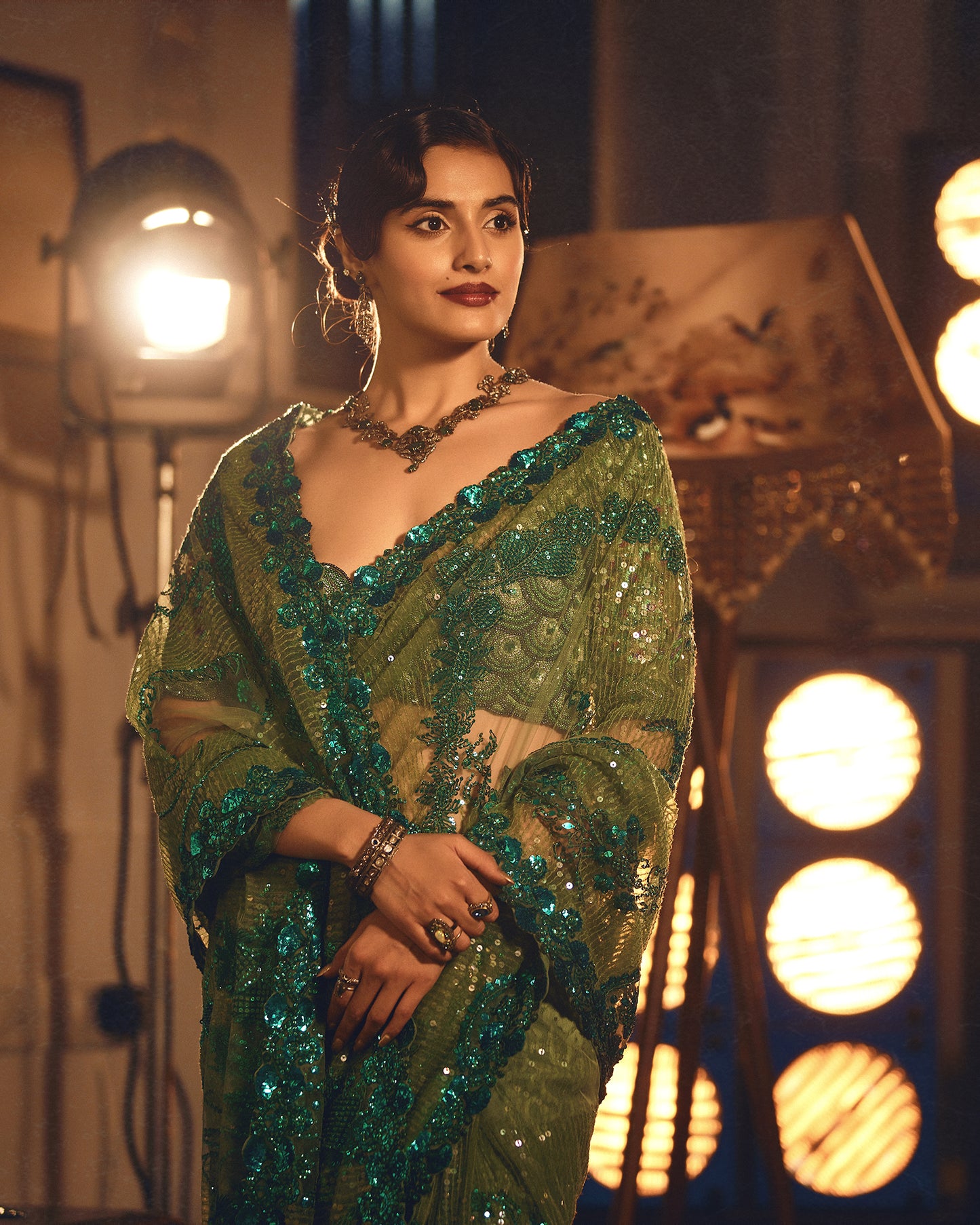 Vivid Emerald Hued Tulle Saree