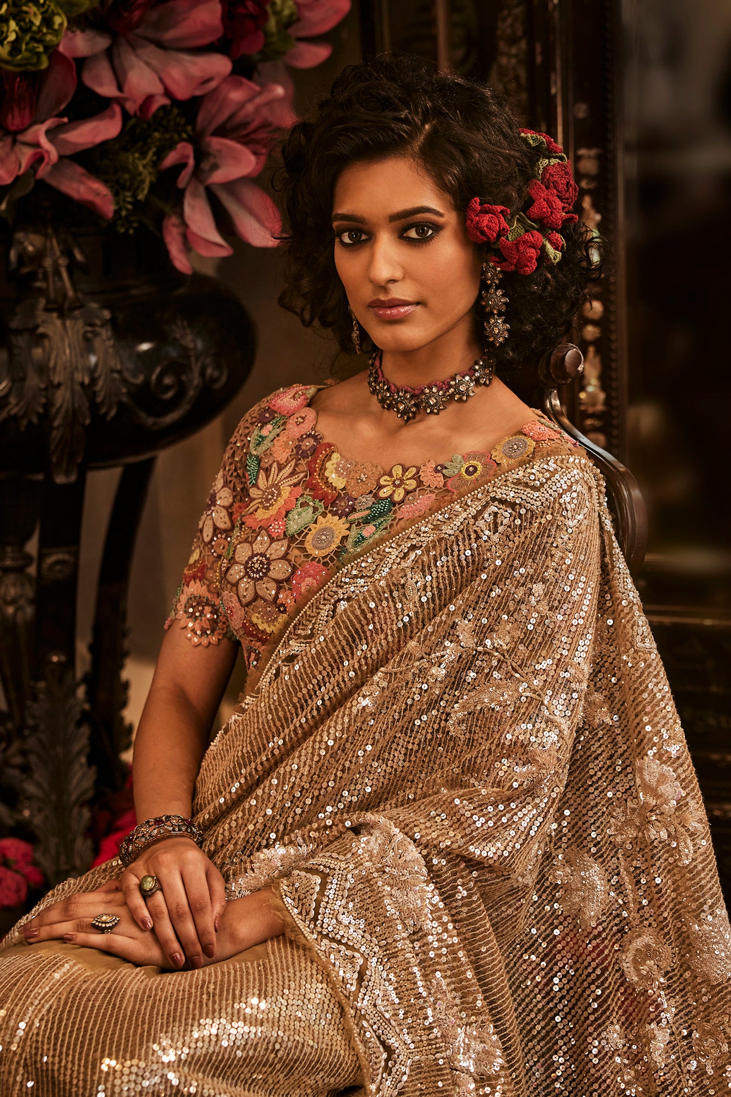 Champagne Hued Sequinned Saree