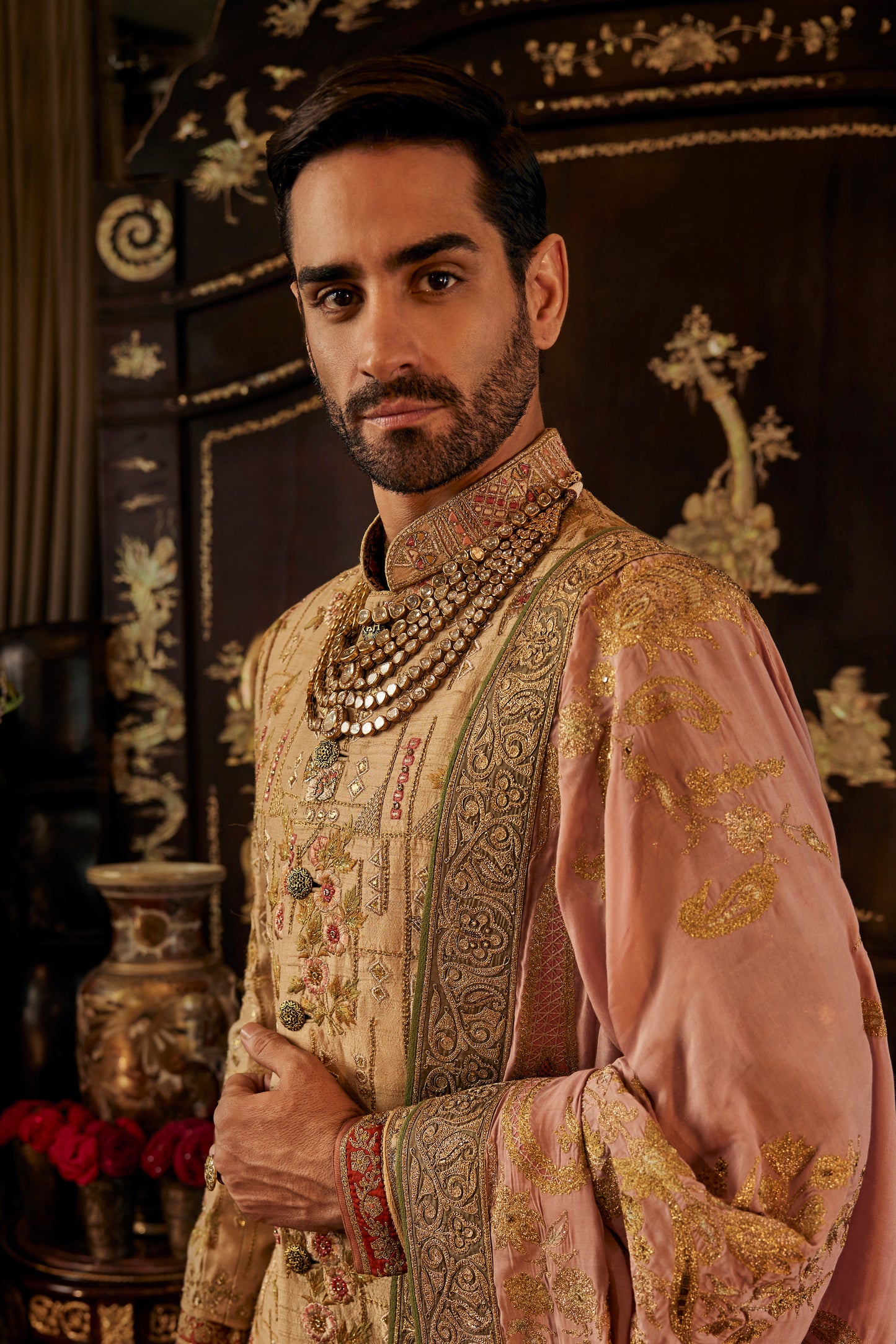 Beige Gold Artwork Sherwani