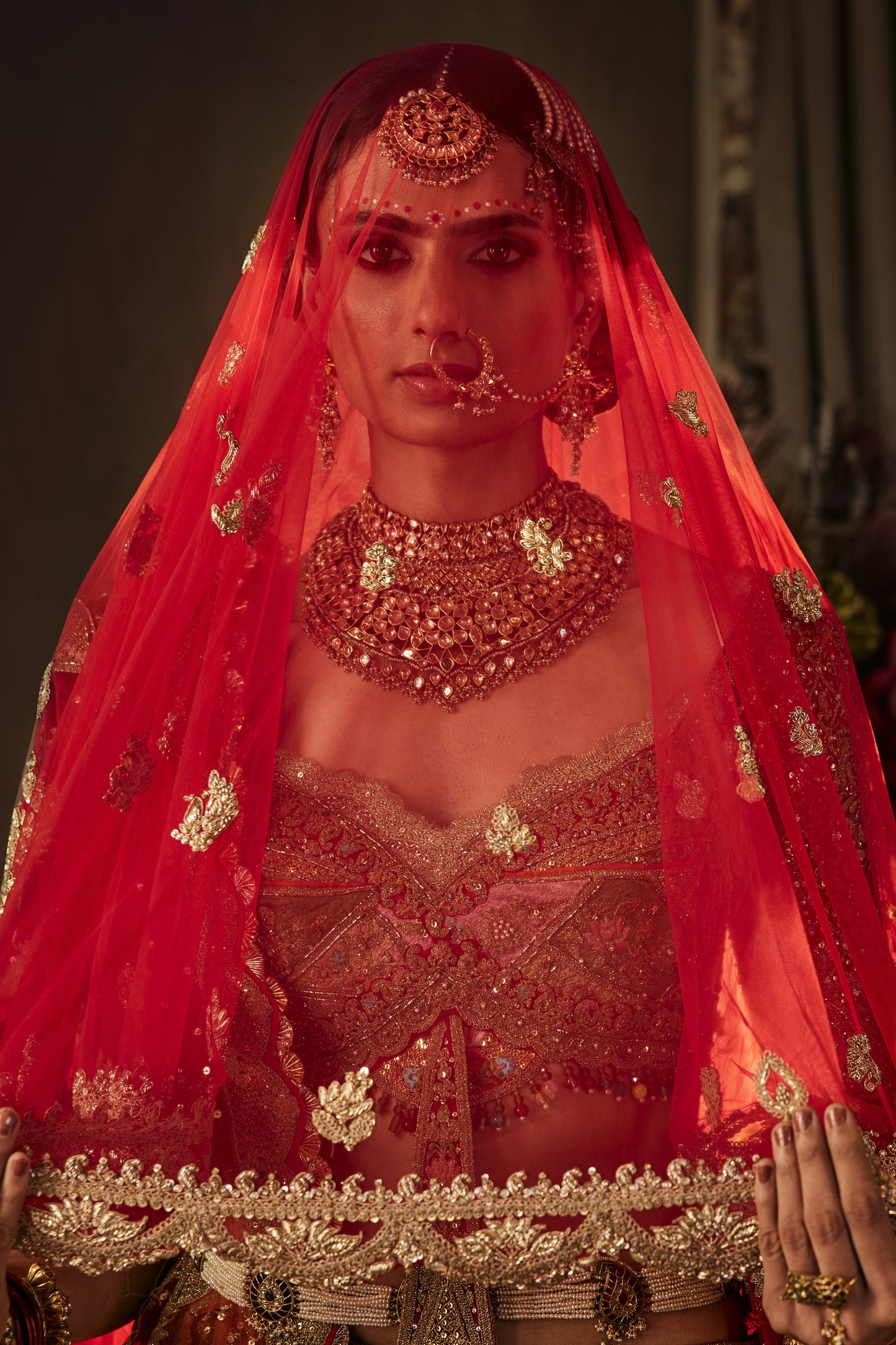 Deep Red Prachin-Kari Tulle Lehenga