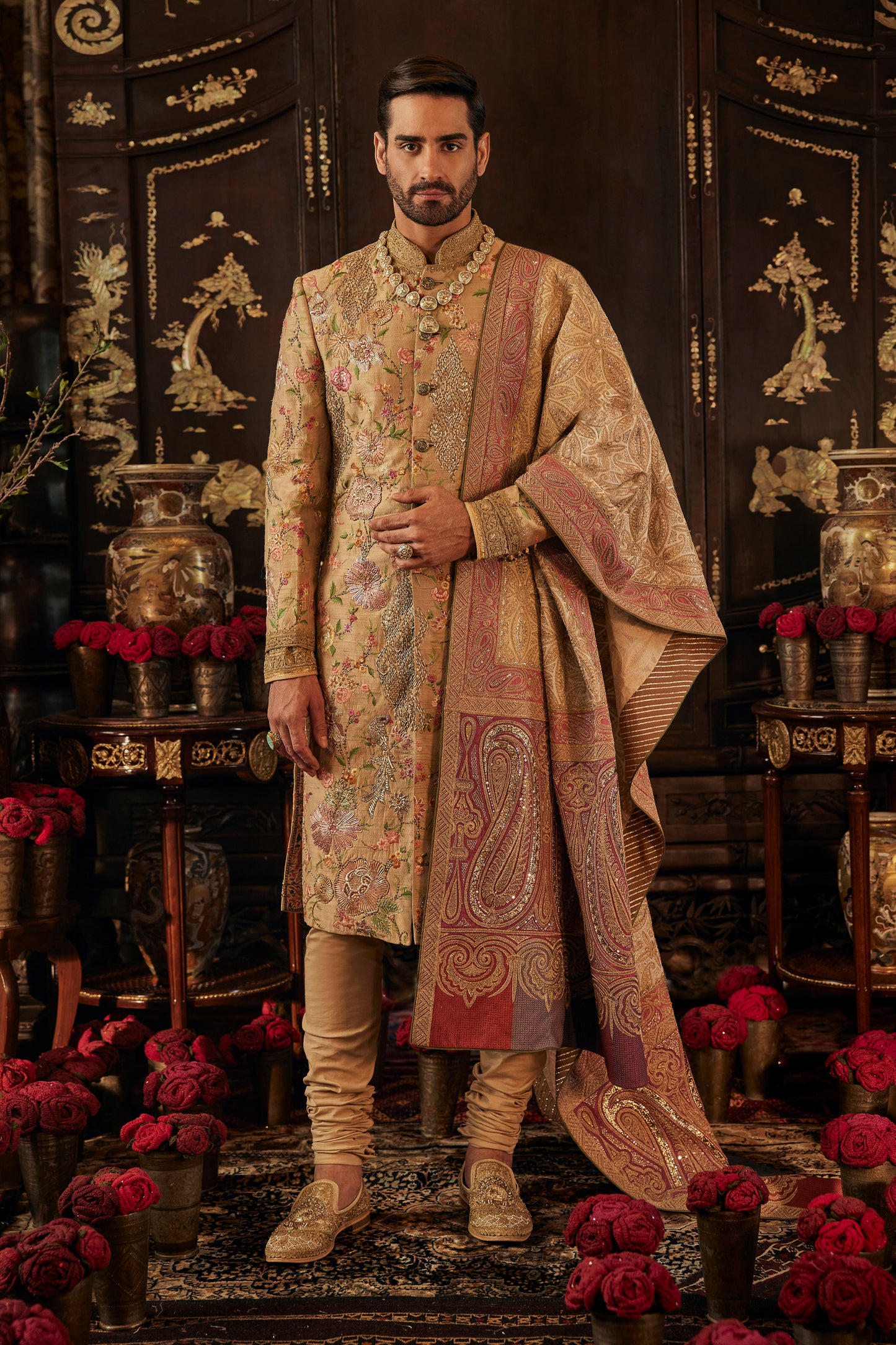 Chintz Beige Gold Sherwani