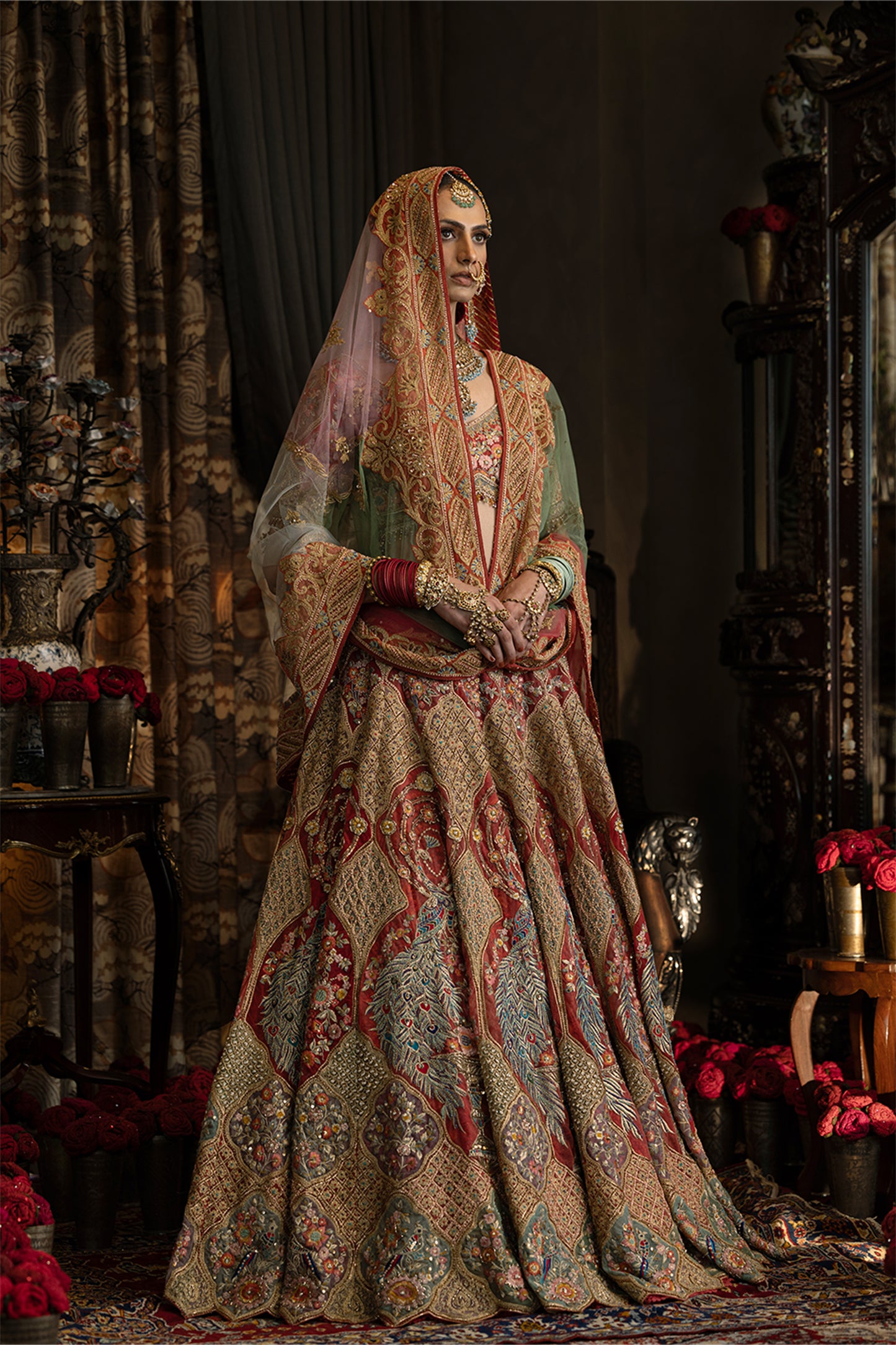 Red Tulle Peacock Lehenga