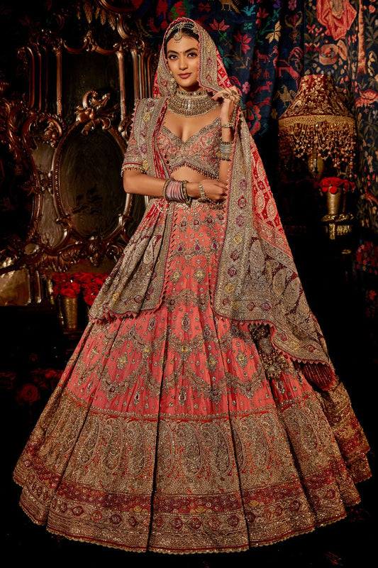 Coral Floral & Paisley Lehenga Set