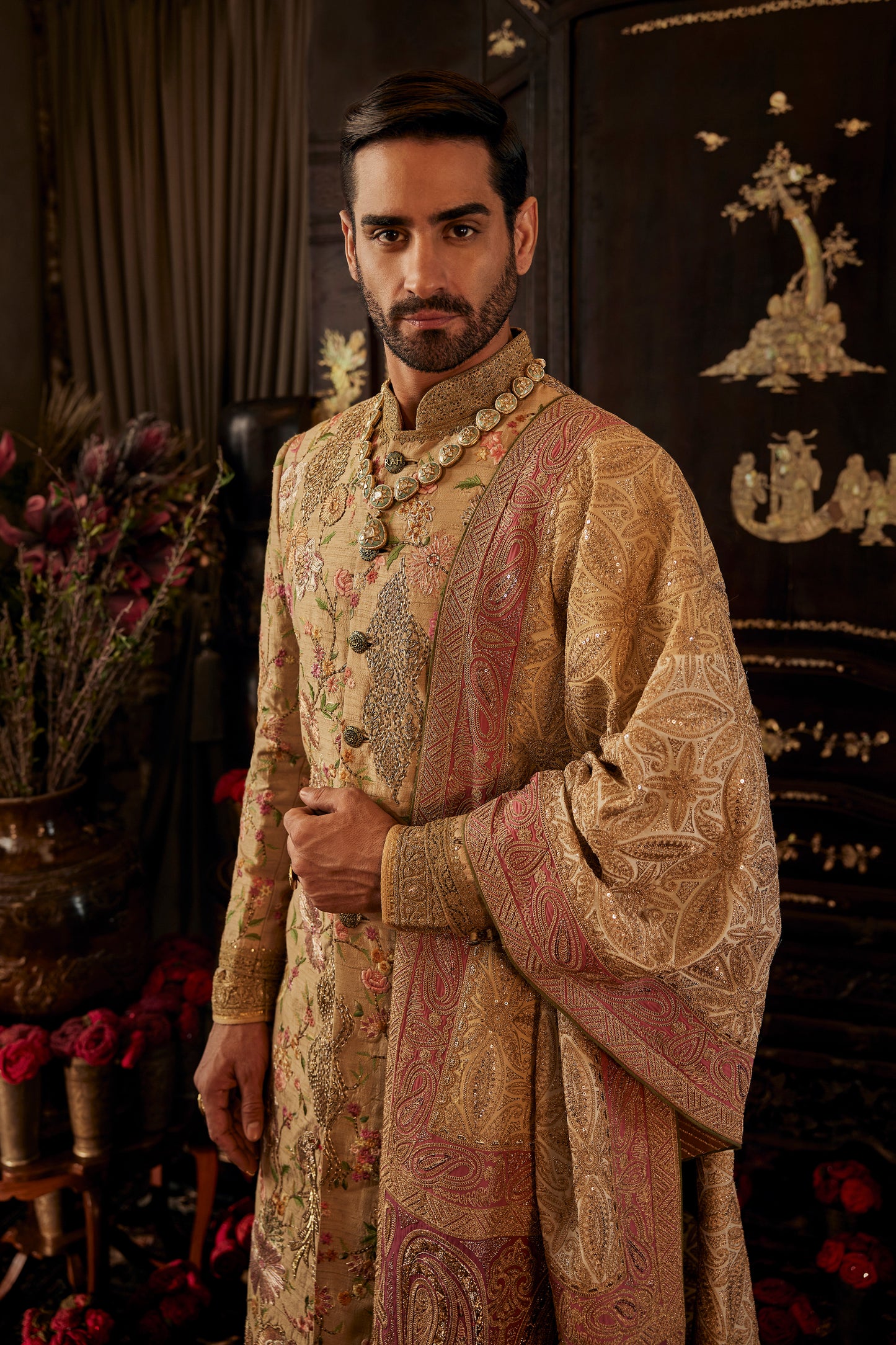 Chintz Beige Gold Sherwani