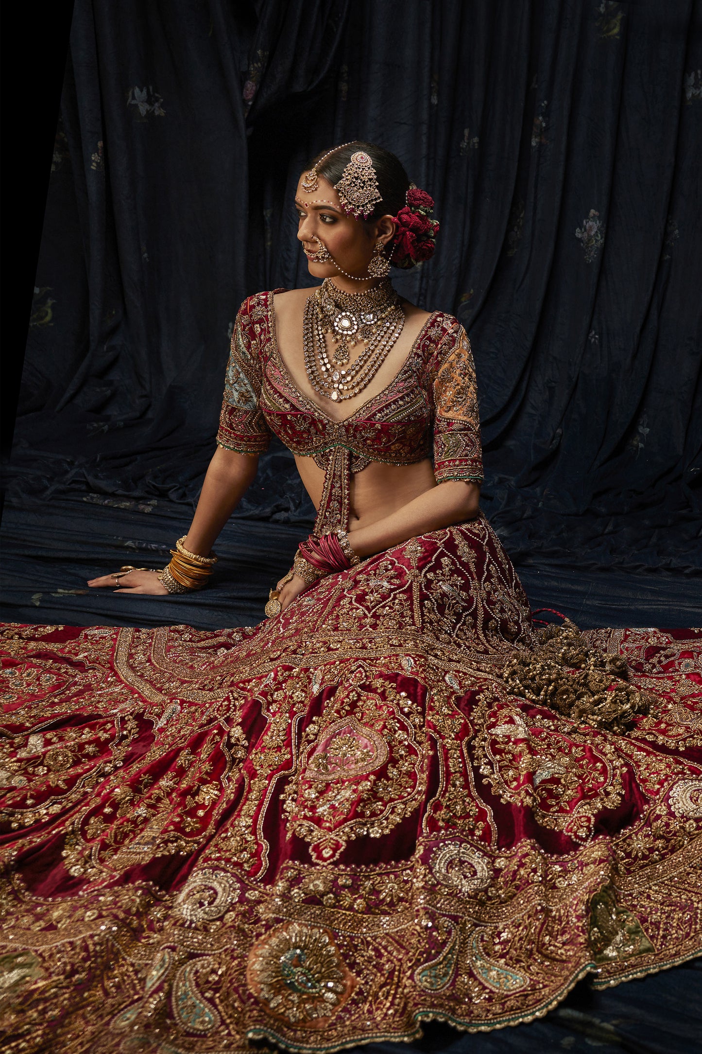 Deep Maroon Velvet Lehenga