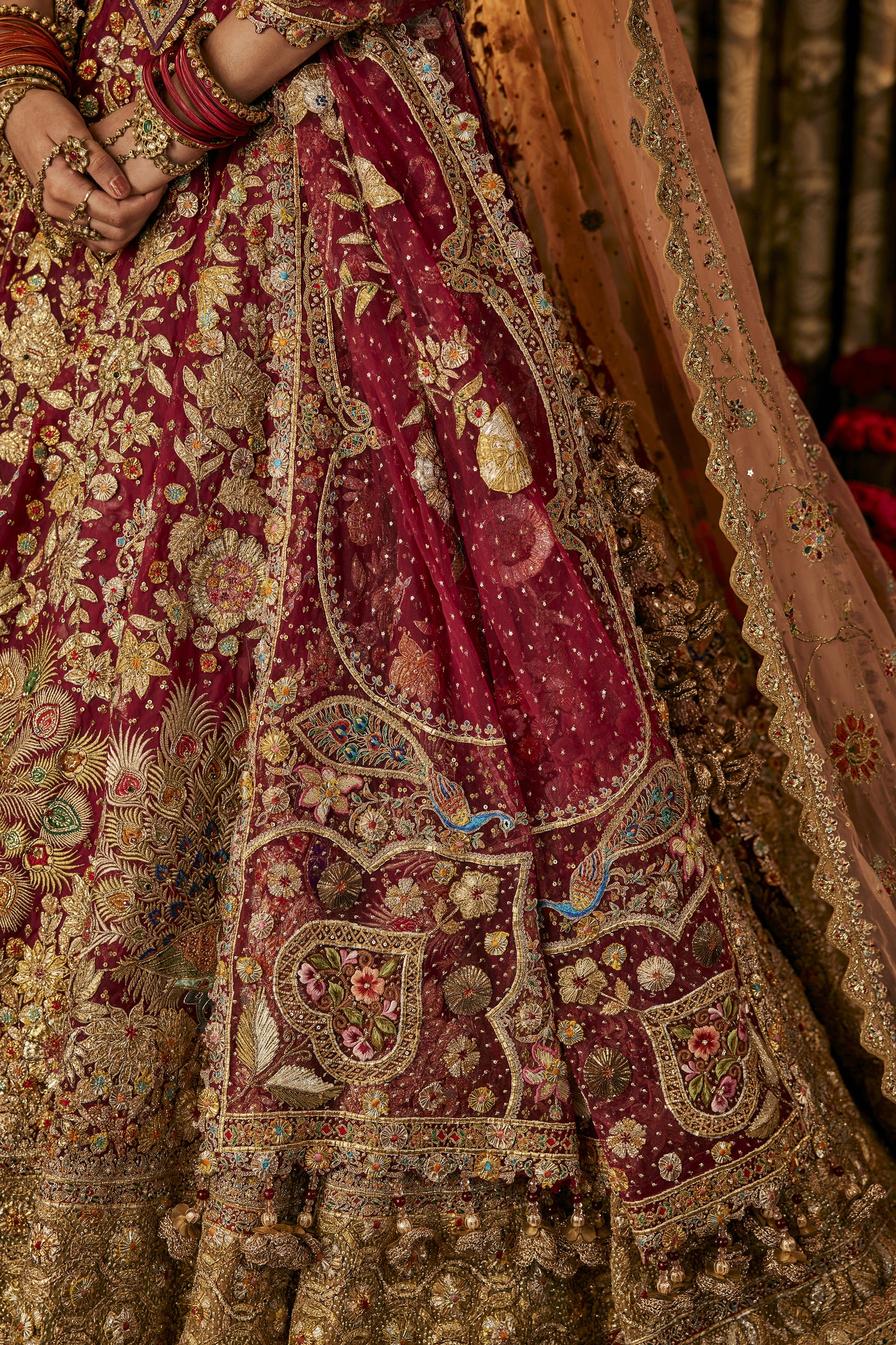 Deep Ruby Flower-Patterned Lehenga