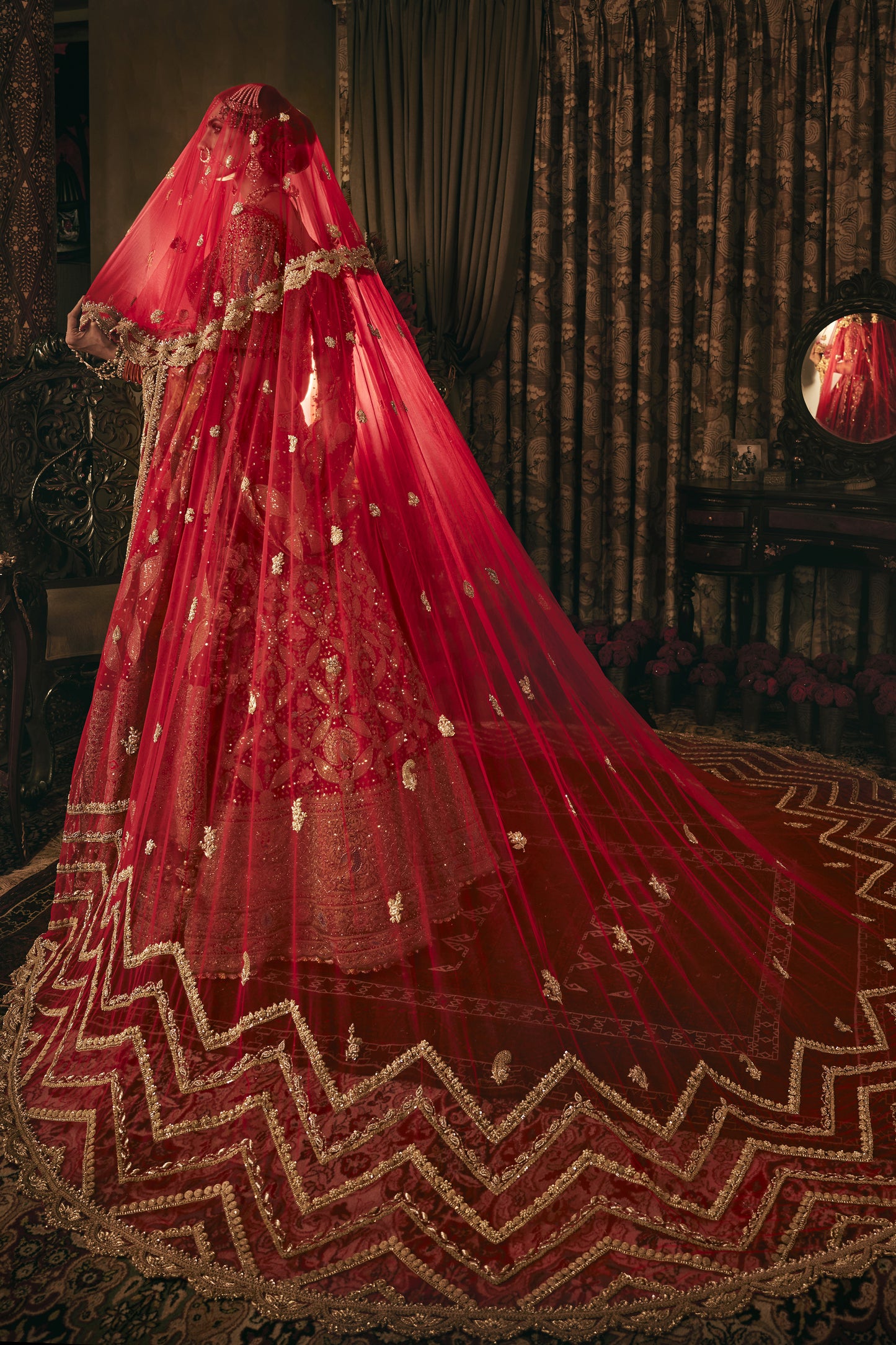 Deep Red Prachin-Kari Tulle Lehenga