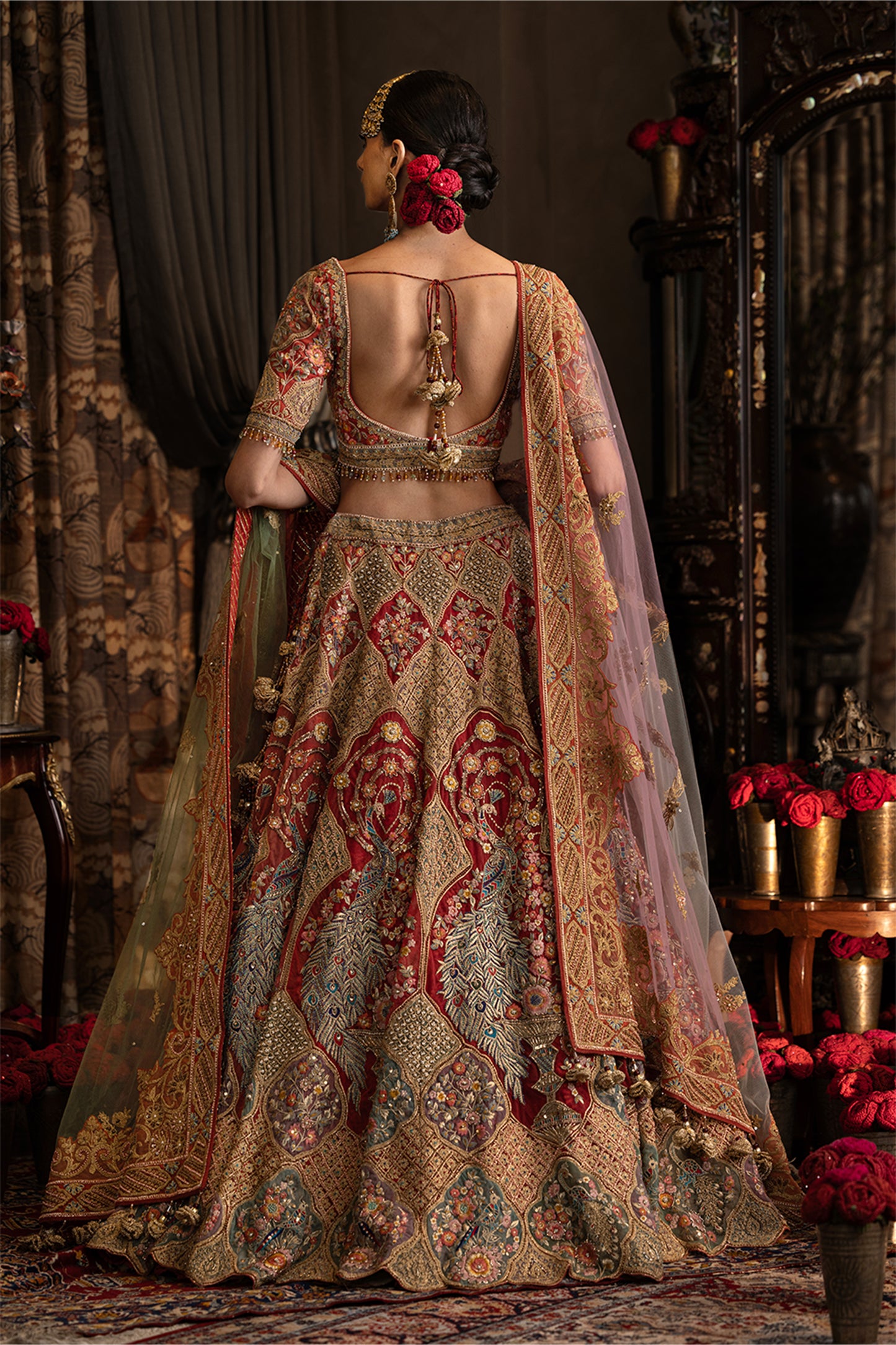 Red Tulle Peacock Lehenga