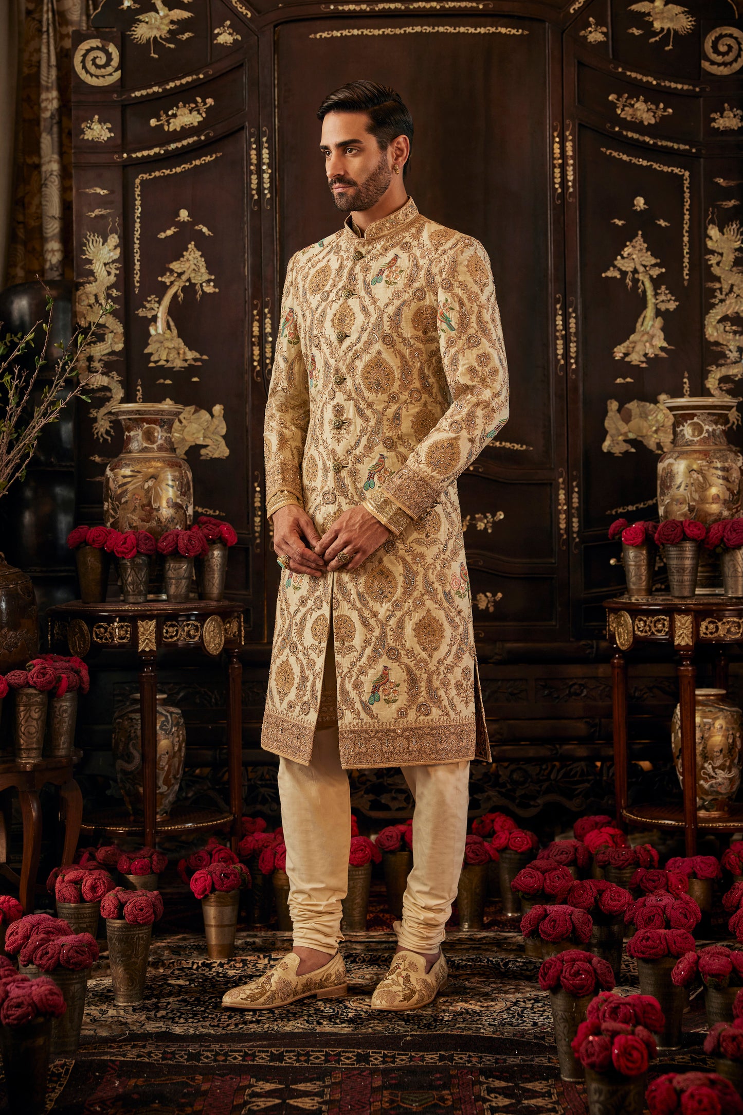 Ivory Foliage Silk Sherwani