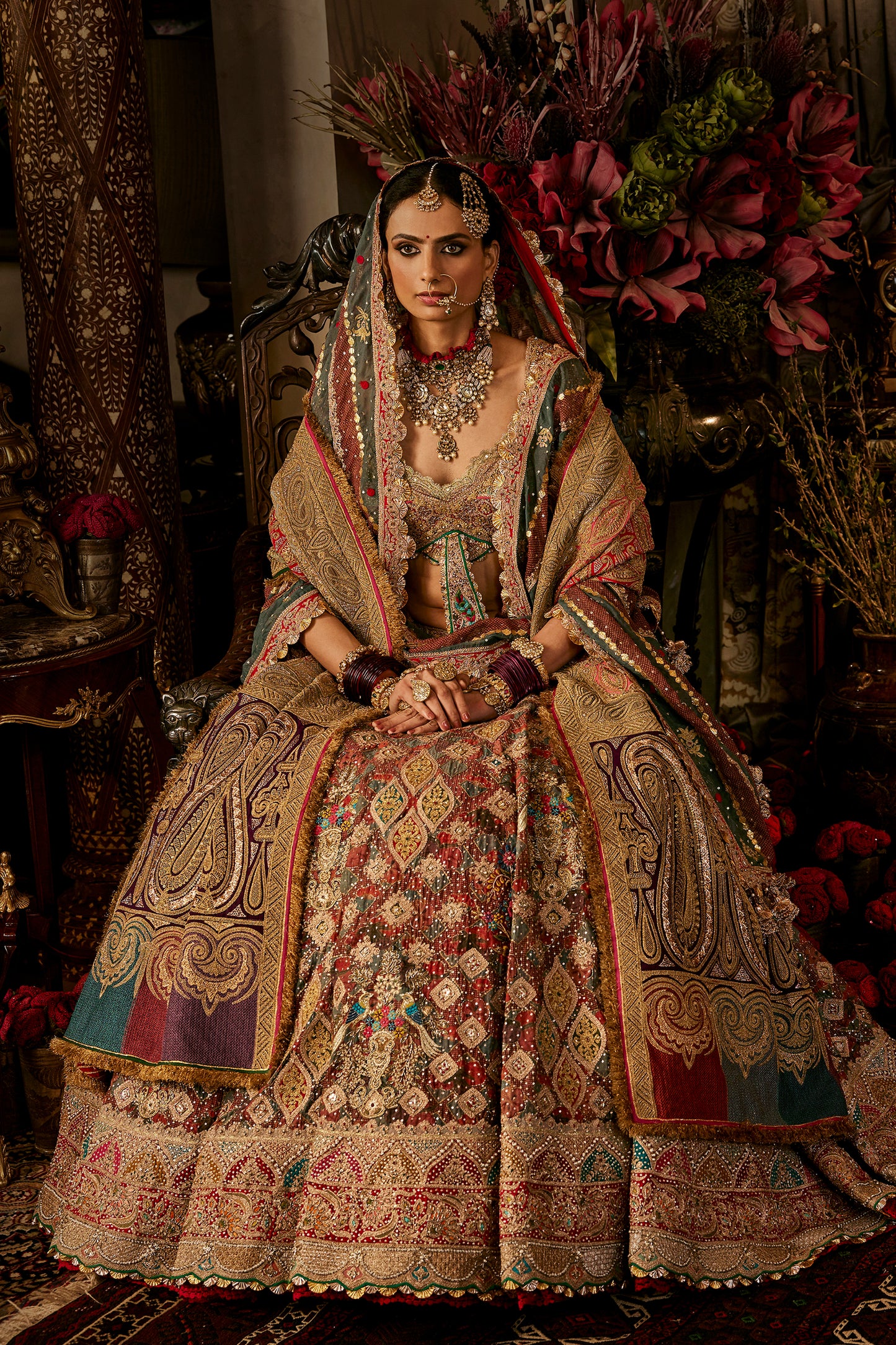 Earthy Brown & Teal Lehenga