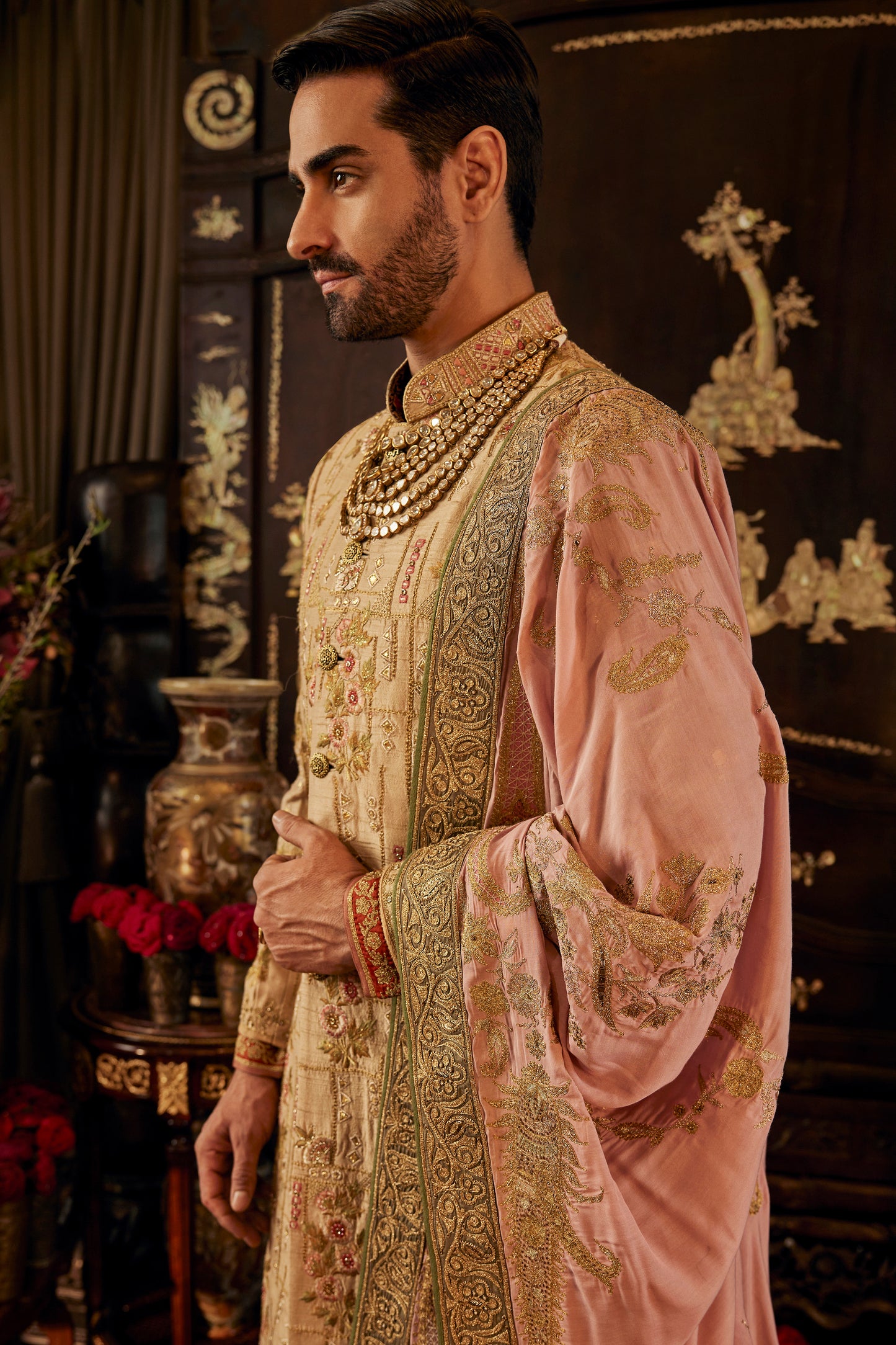 Beige Gold Artwork Sherwani