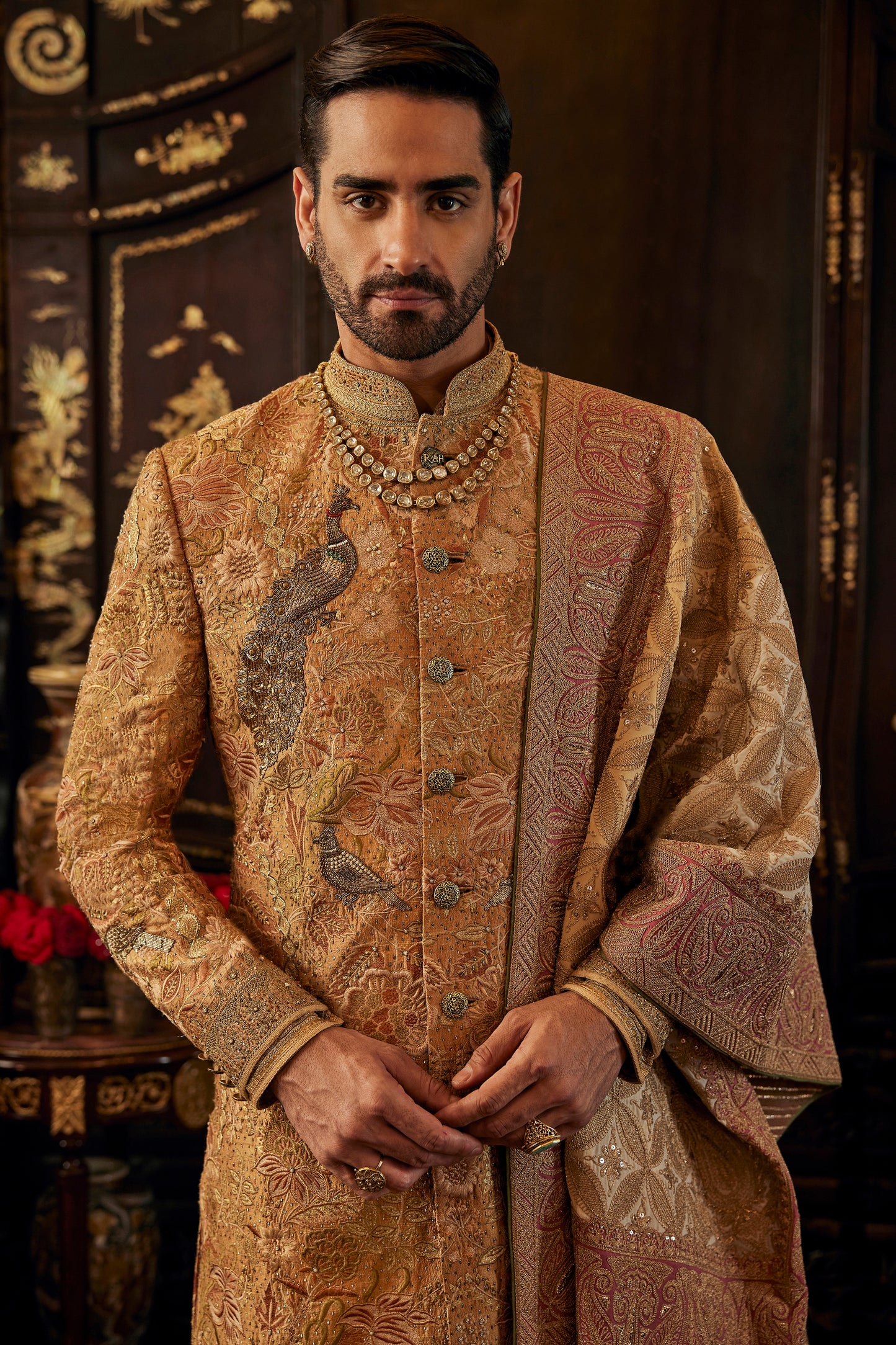 Mustard-gold Chintz sherwani