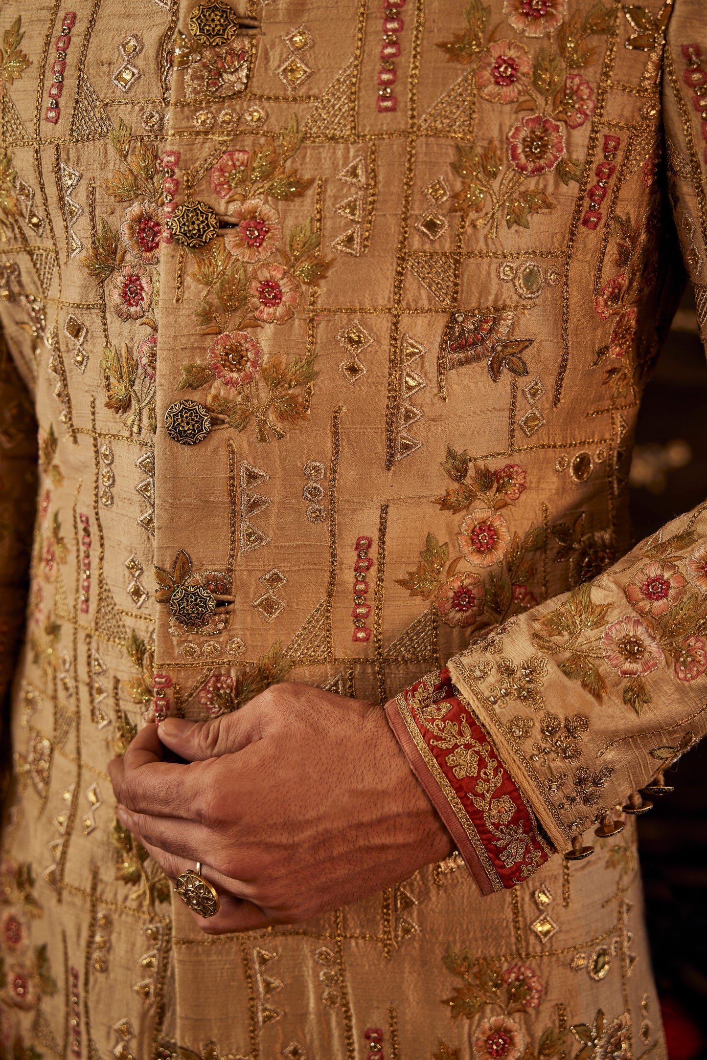 Beige Gold Artwork Sherwani