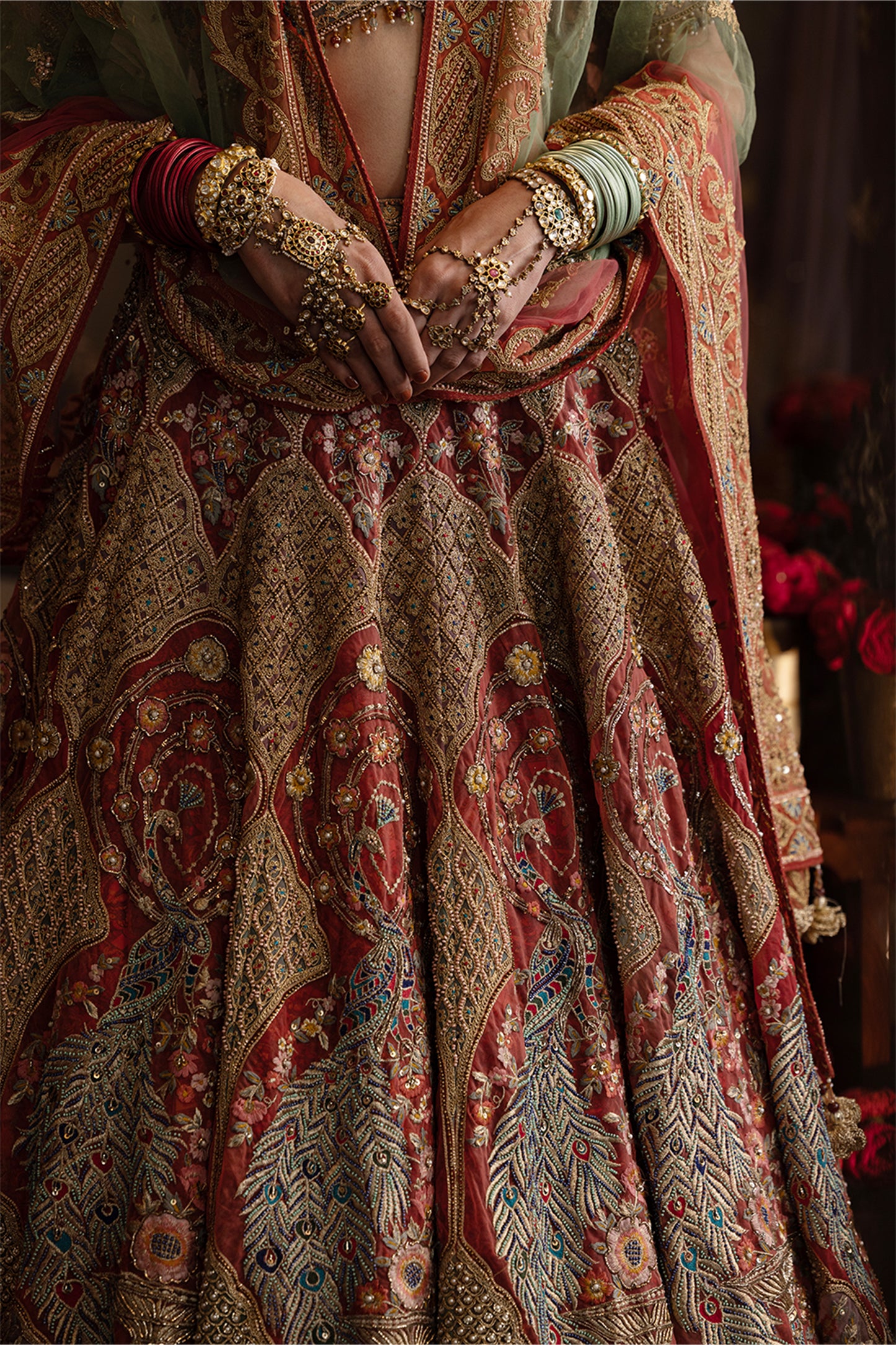 Red Tulle Peacock Lehenga