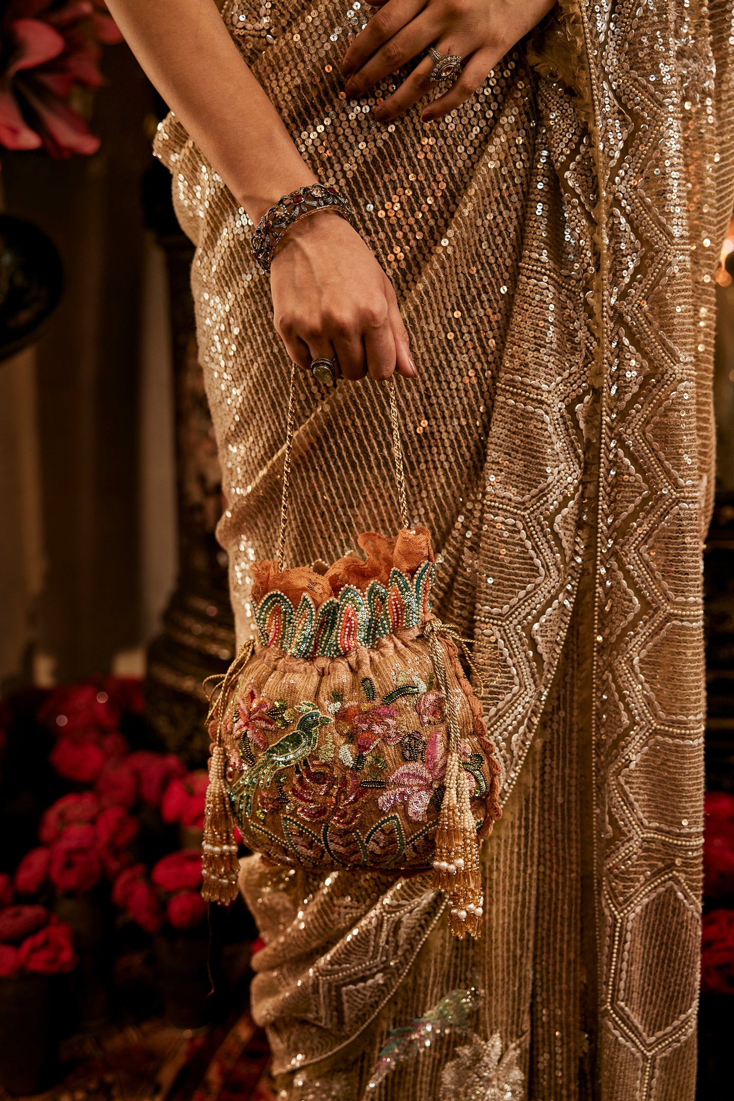 Champagne Hued Sequinned Saree