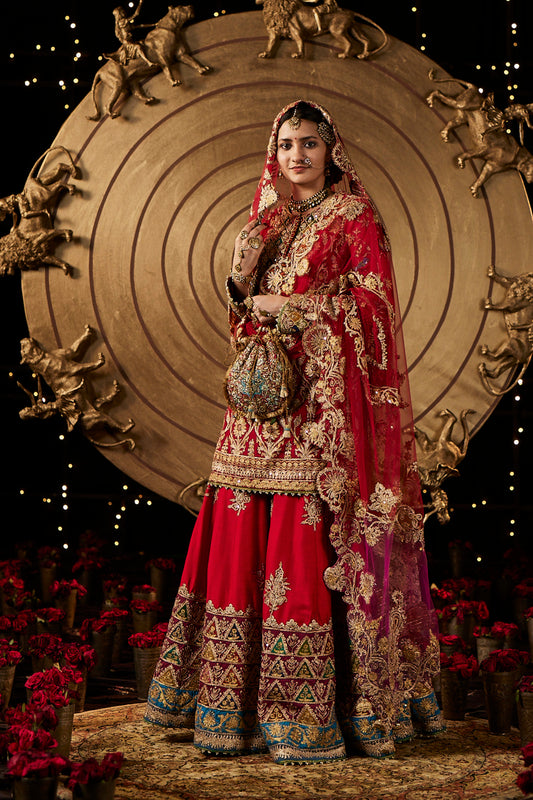 Vivid Red Silk Sharara Set